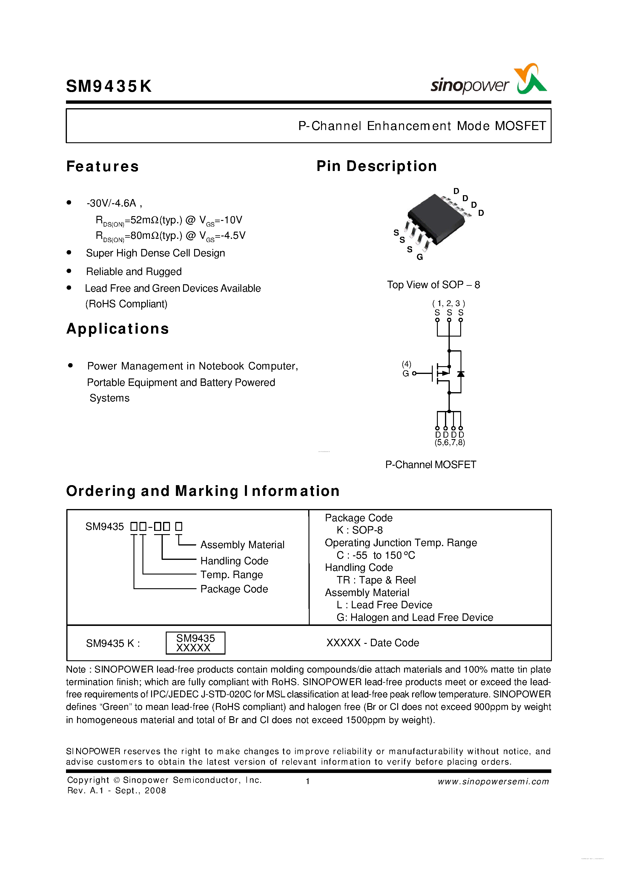 Datasheet SM9435K - P-Channel Enhancement Mode MOSFET page 1