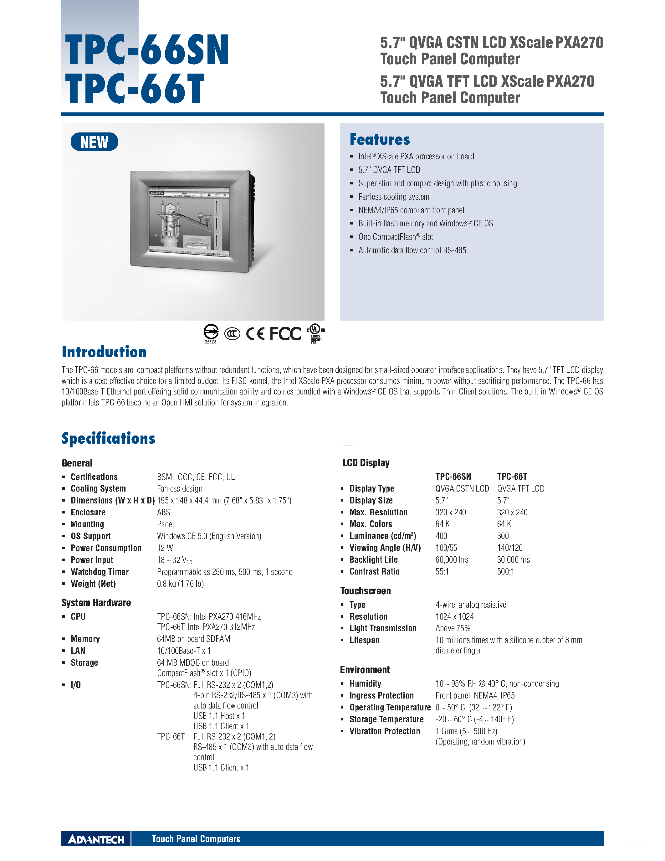 Даташит TPC-66SN - 5.7 QVGA CSTN LCD XScale PXA270 Touch Panel Computer страница 1