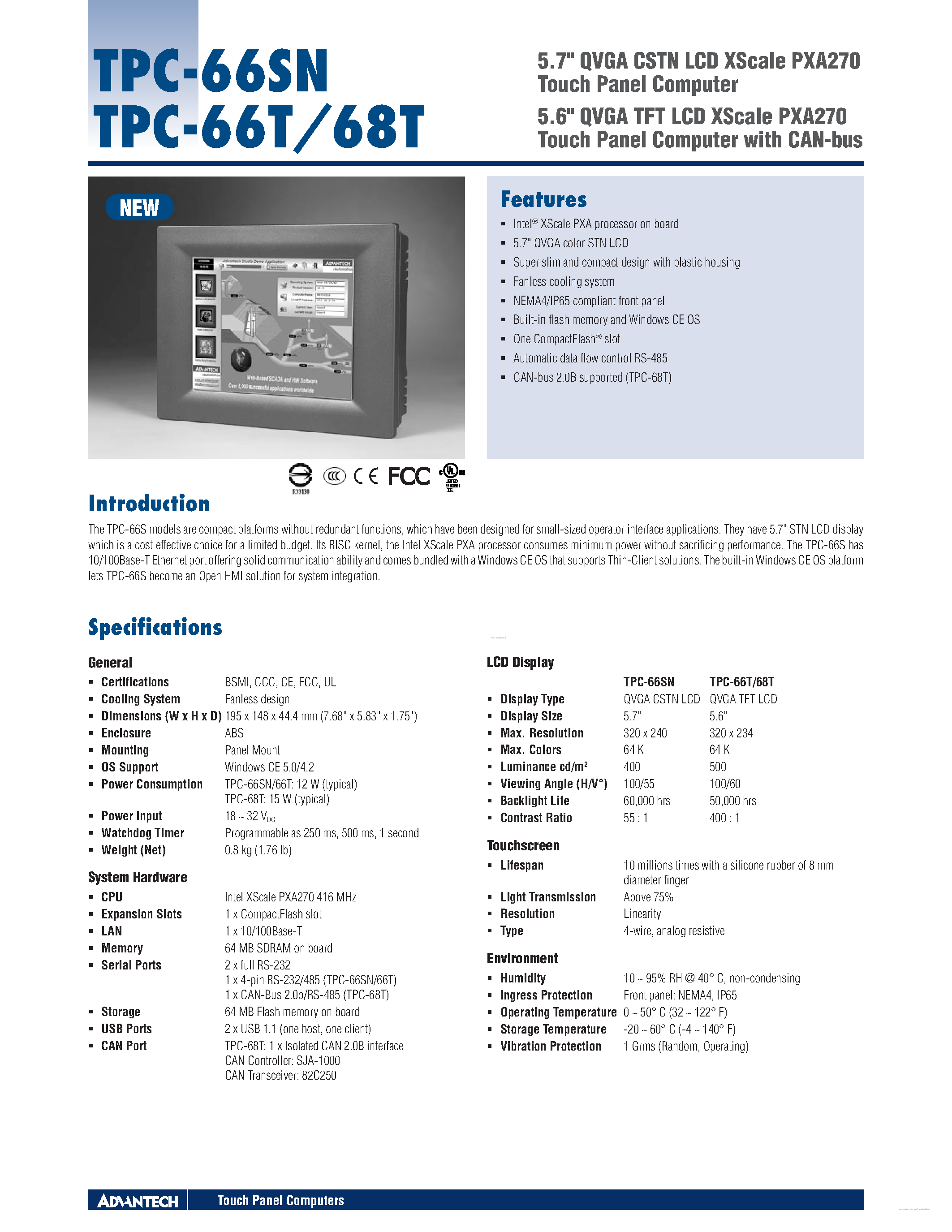 Даташит TPC-68T - 5.7 QVGA CSTN LCD XScale PXA270 Touch Panel Computer страница 1