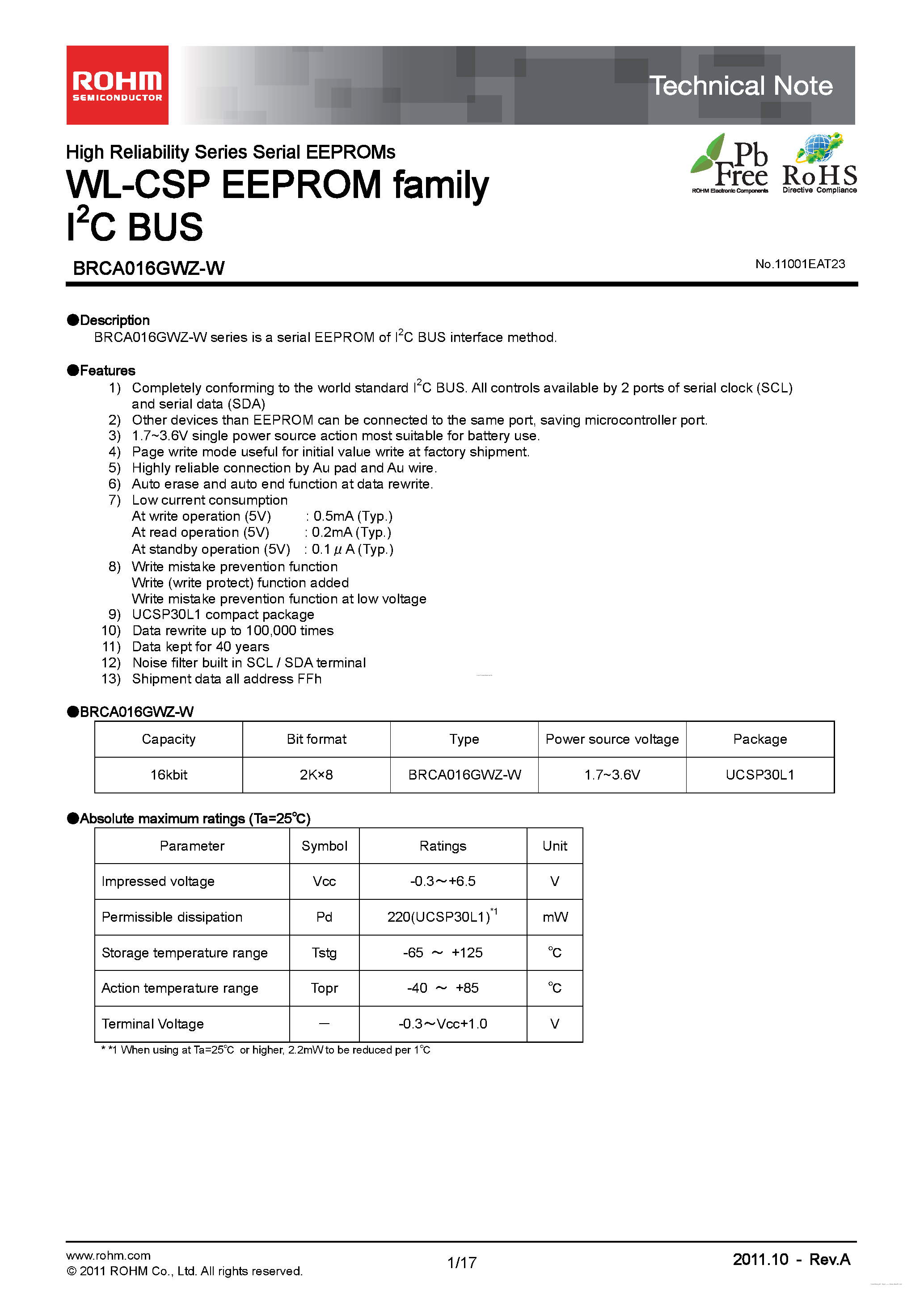 Datasheet BRCA016GWZ-W - WL-CSP EEPROM family I2C BUS page 1