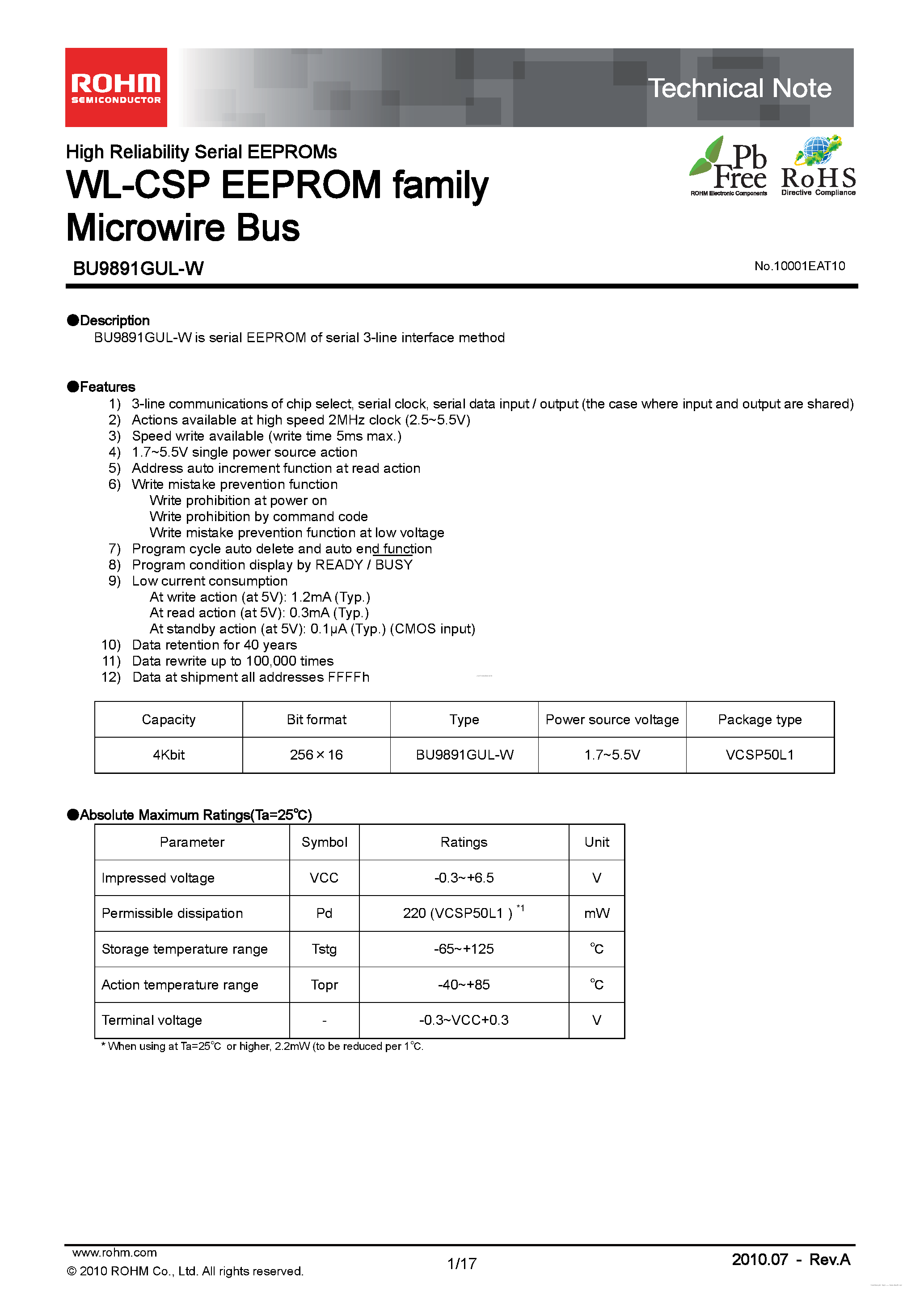 Datasheet BU9891GUL-W - WL-CSP EEPROM family Microwire Bus page 1