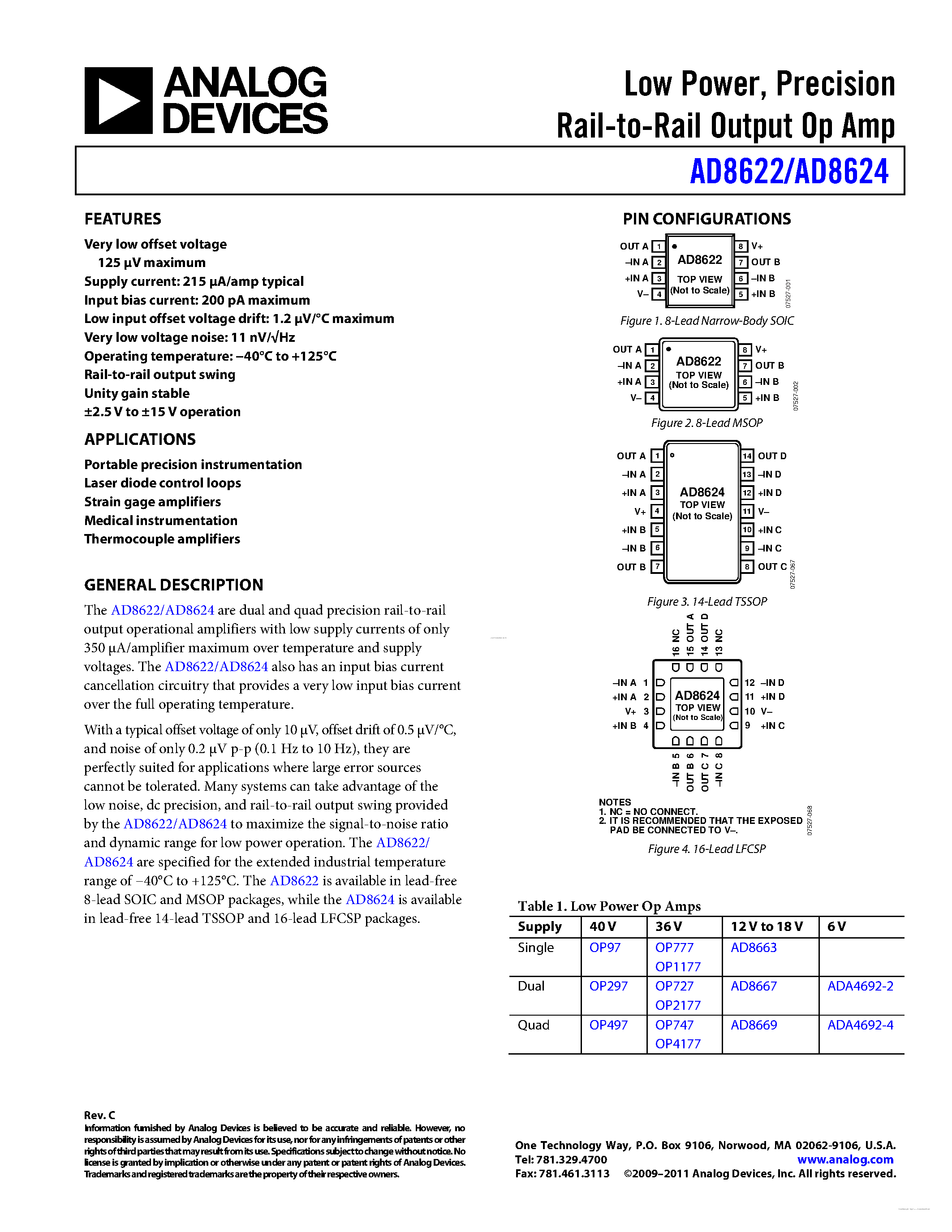 Даташит AD8622 - (AD8622 / AD8624) Precision Rail-to-Rail Output Op Amp страница 1
