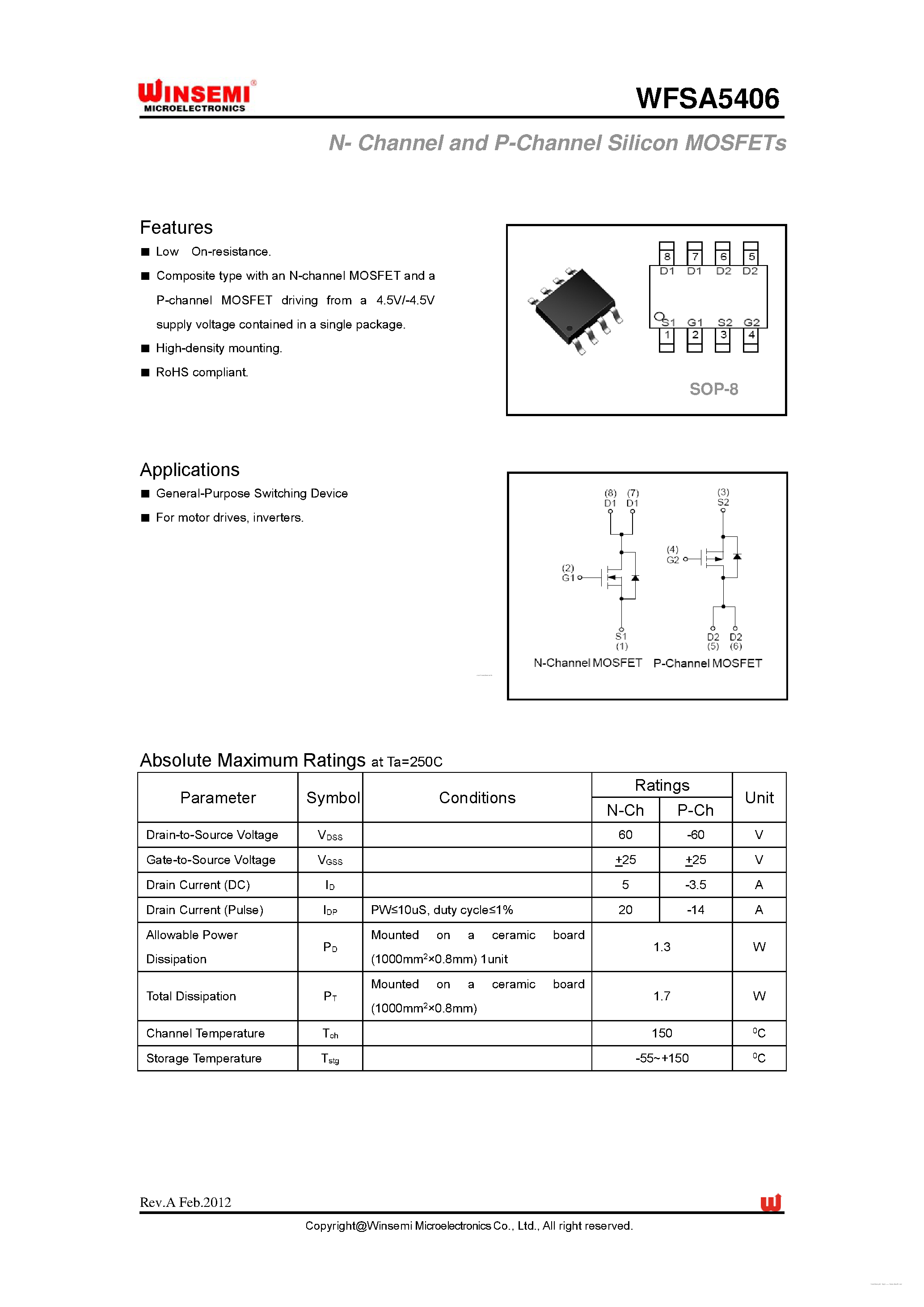 Даташит WFSA5406 - N- Channel and P-Channel Silicon MOSFETs страница 1