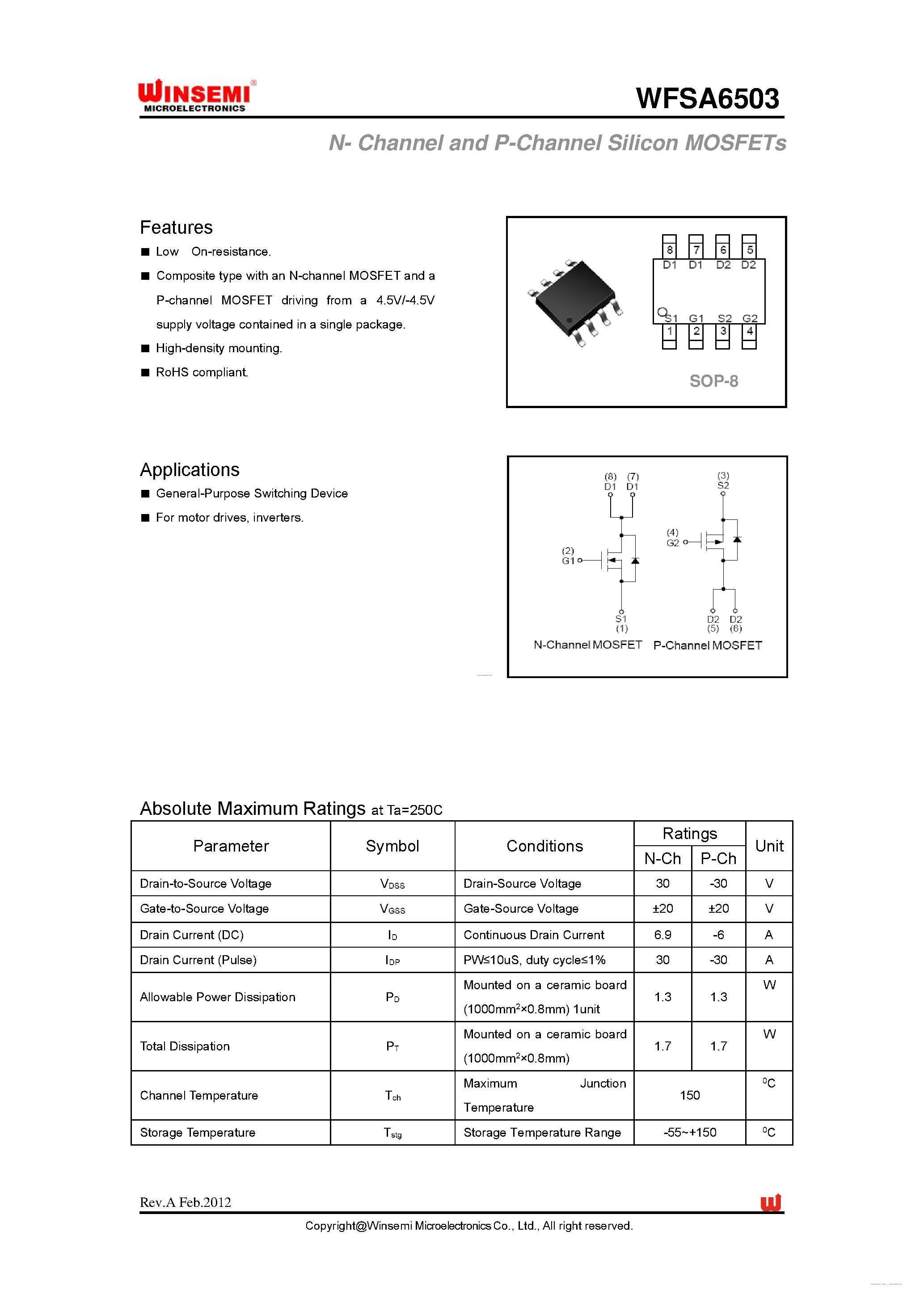 Даташит WFSA6503 - N- Channel and P-Channel Silicon MOSFETs страница 1