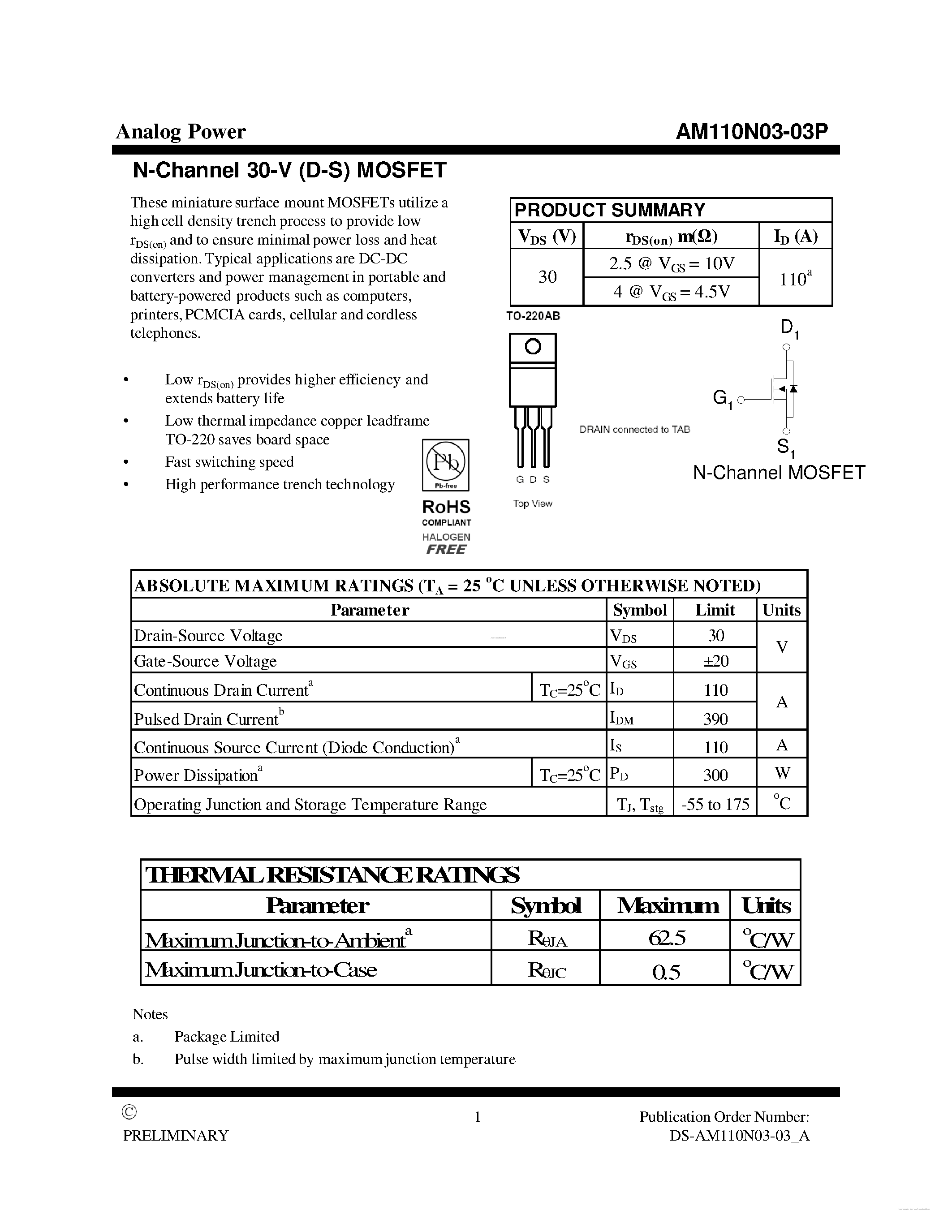 Datasheet AM110N03-03P - N-Channel 30-V (D-S) MOSFET page 1