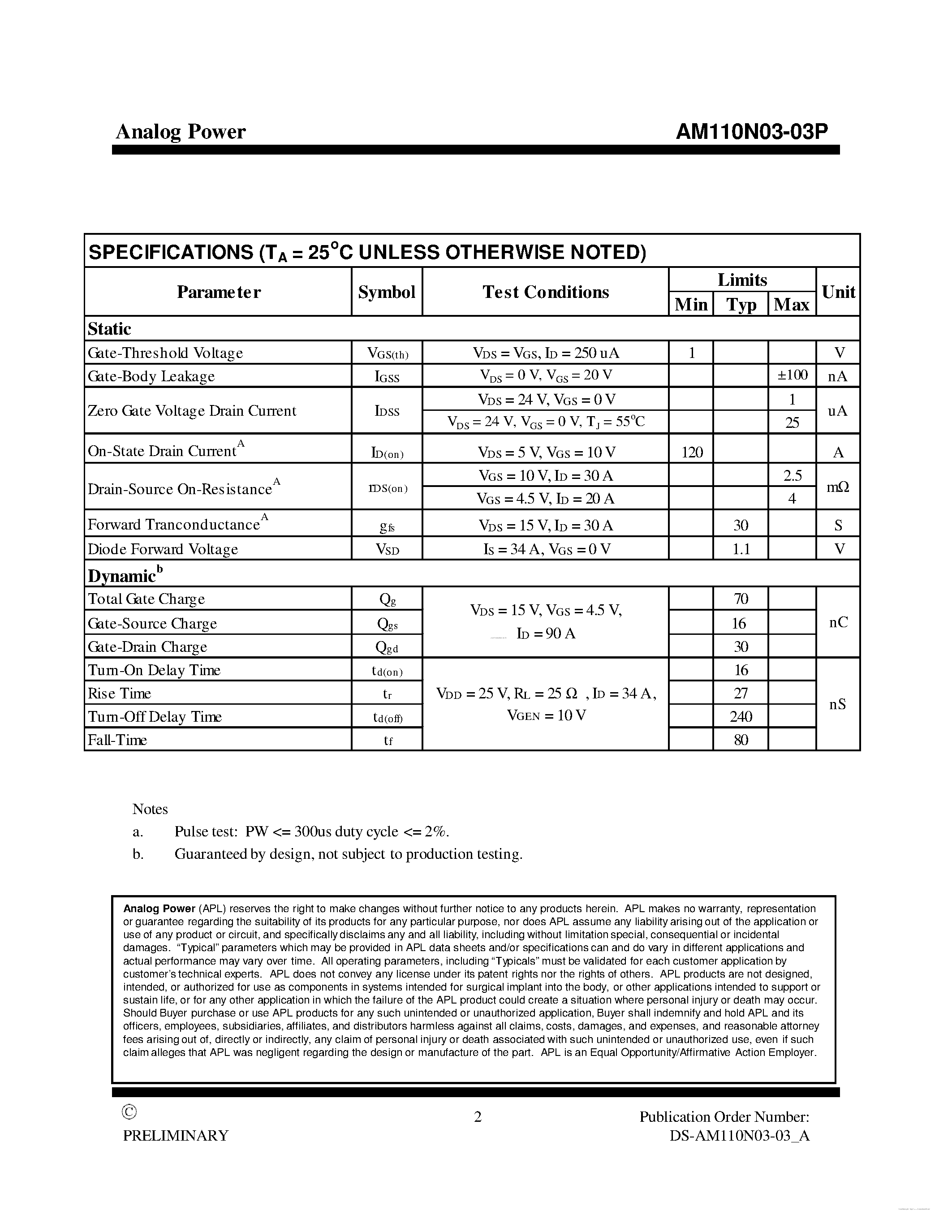 Datasheet AM110N03-03P - N-Channel 30-V (D-S) MOSFET page 2