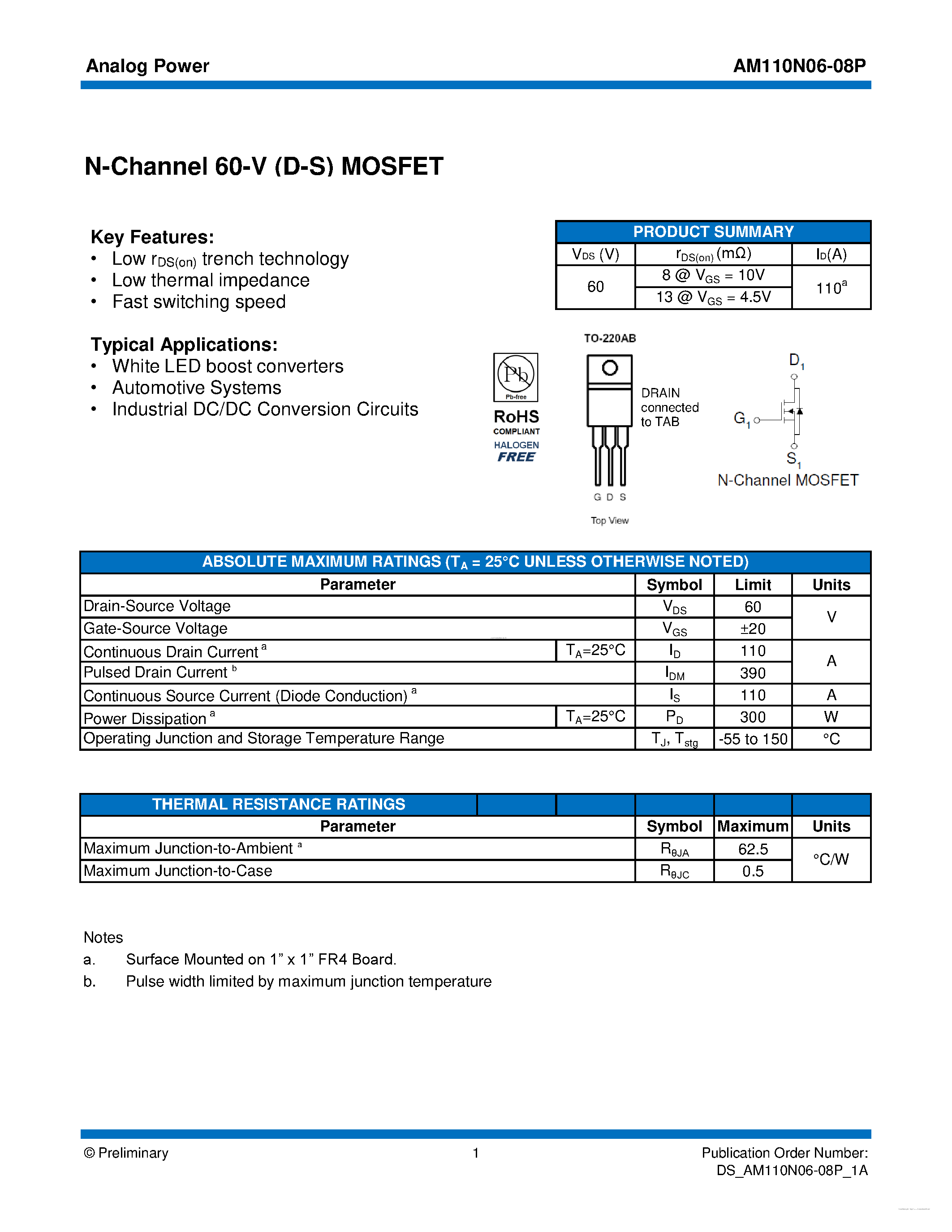Datasheet AM110N06-08P - N-Channel 60-V (D-S) MOSFET page 1