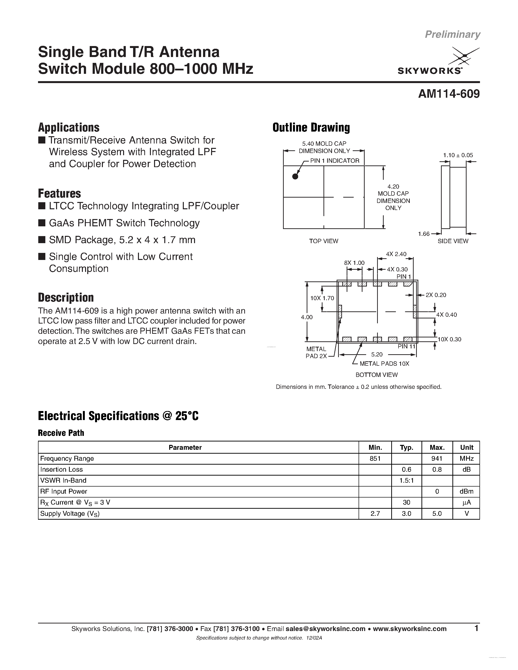 Datasheet AM114-609 - Single Band T/R Antenna page 1