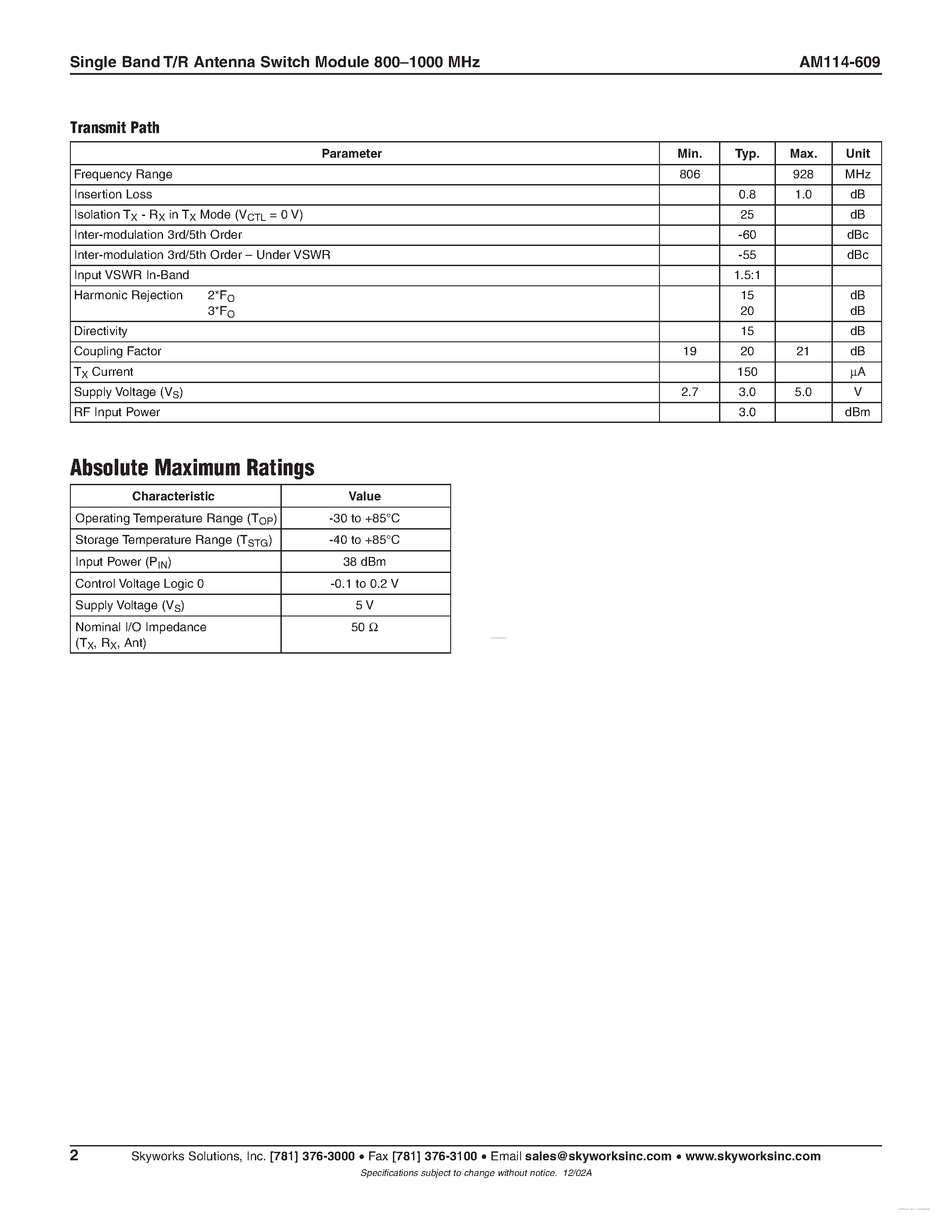 Datasheet AM114-609 - Single Band T/R Antenna page 2