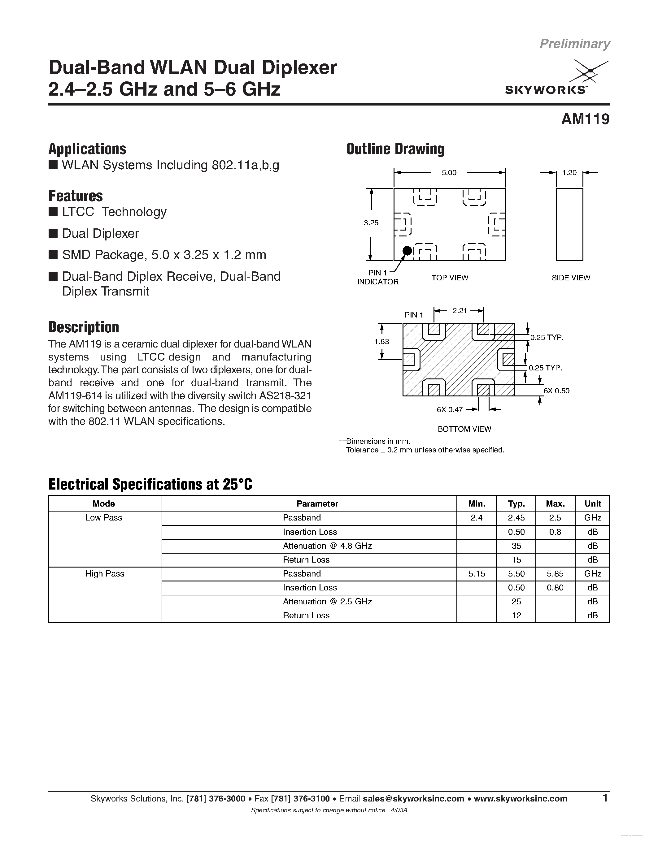 Datasheet AM119 - Dual-Band WLAN Dual Diplexer page 1