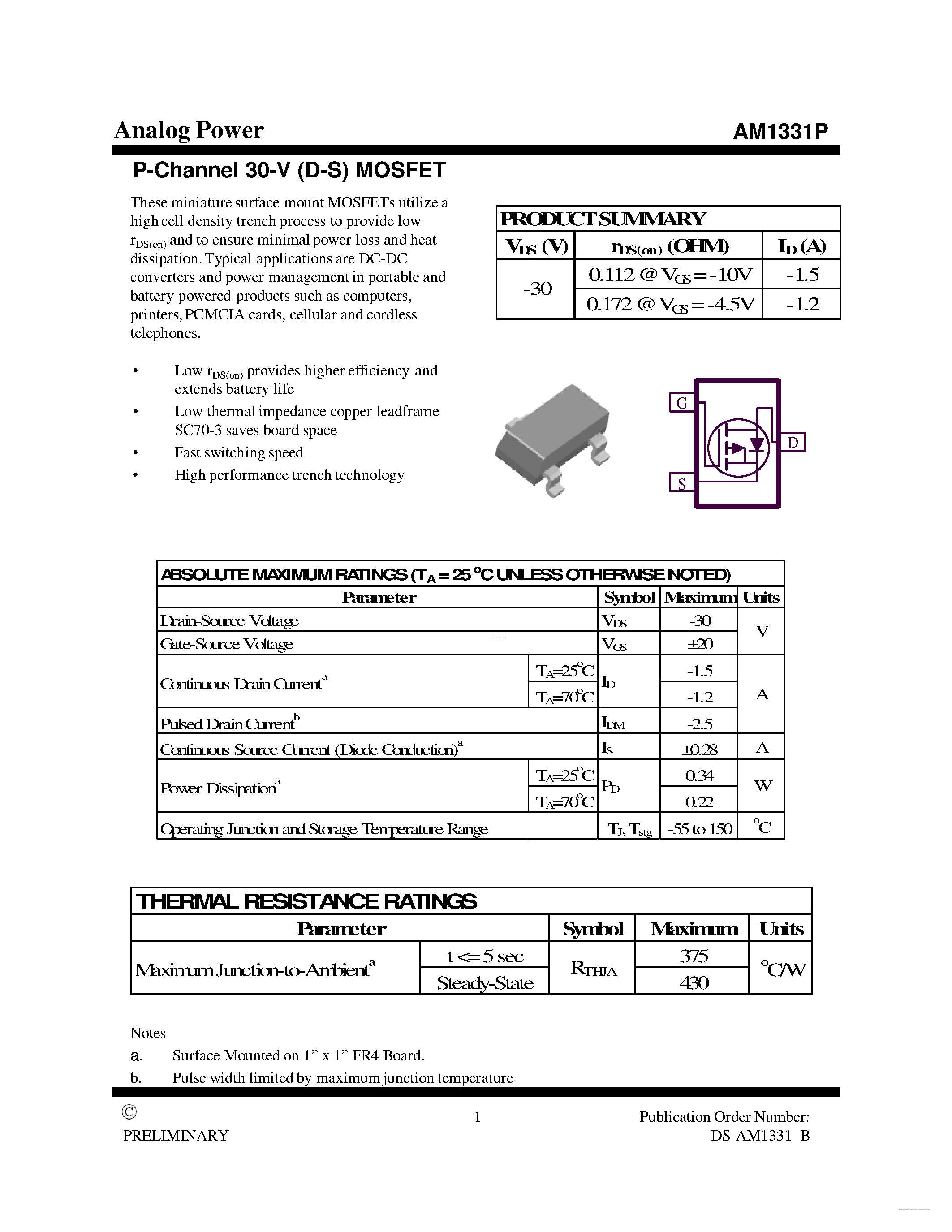 Datasheet AM1331P - P-Channel 30-V (D-S) MOSFET page 1