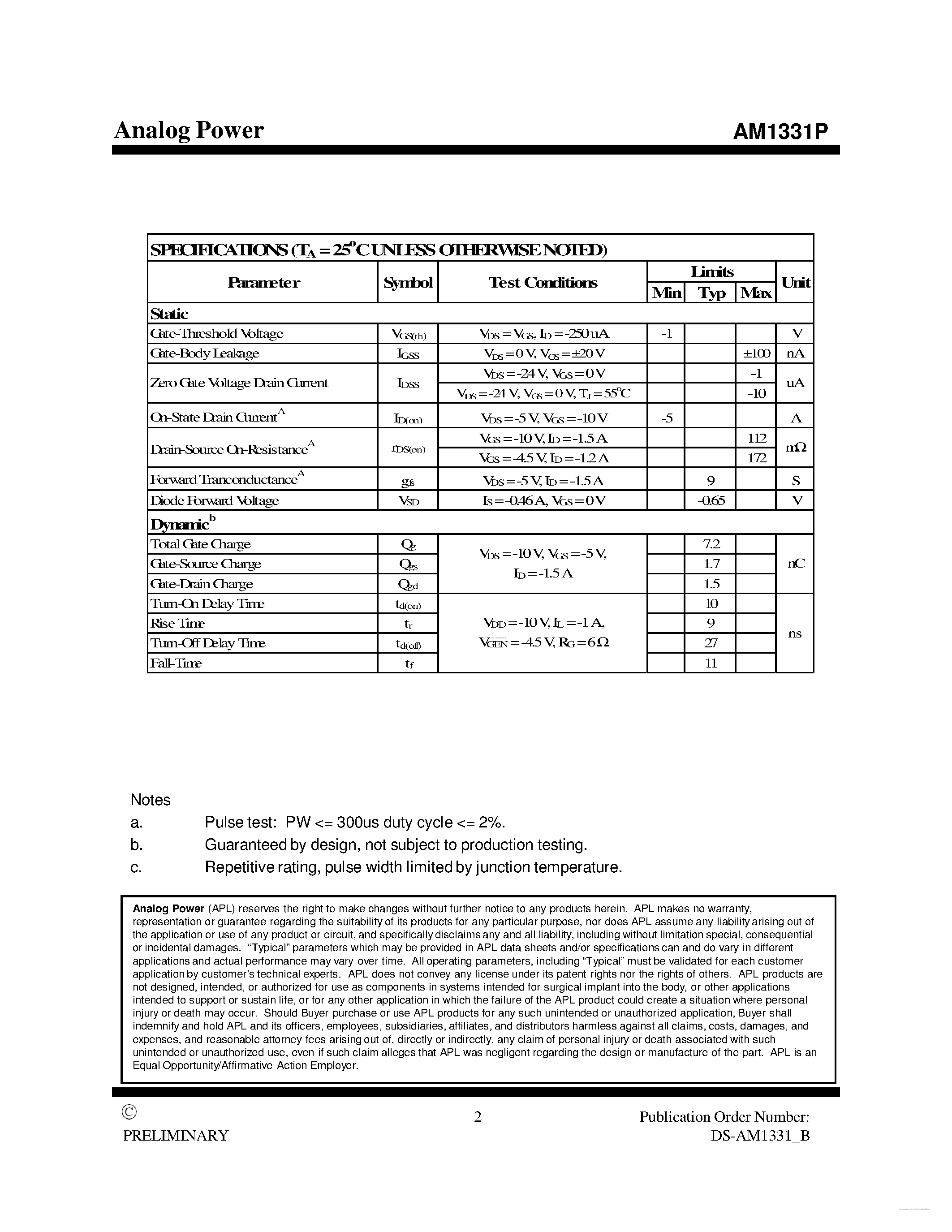 Datasheet AM1331P - P-Channel 30-V (D-S) MOSFET page 2