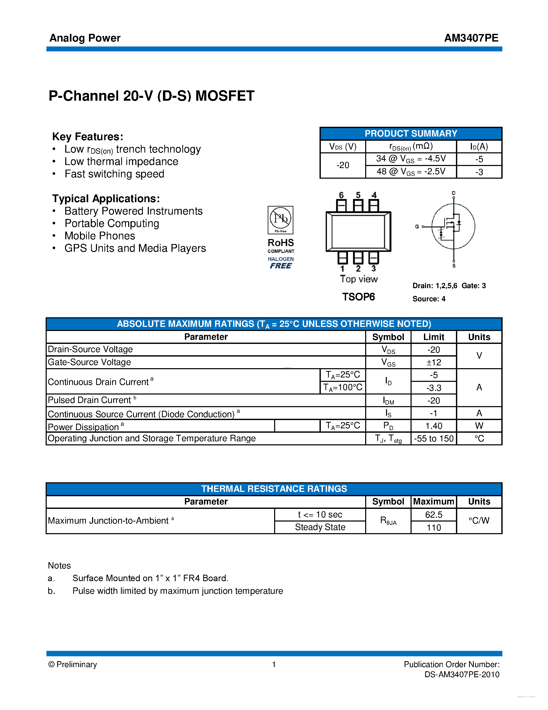 Даташит AM3407PE - MOSFET страница 1