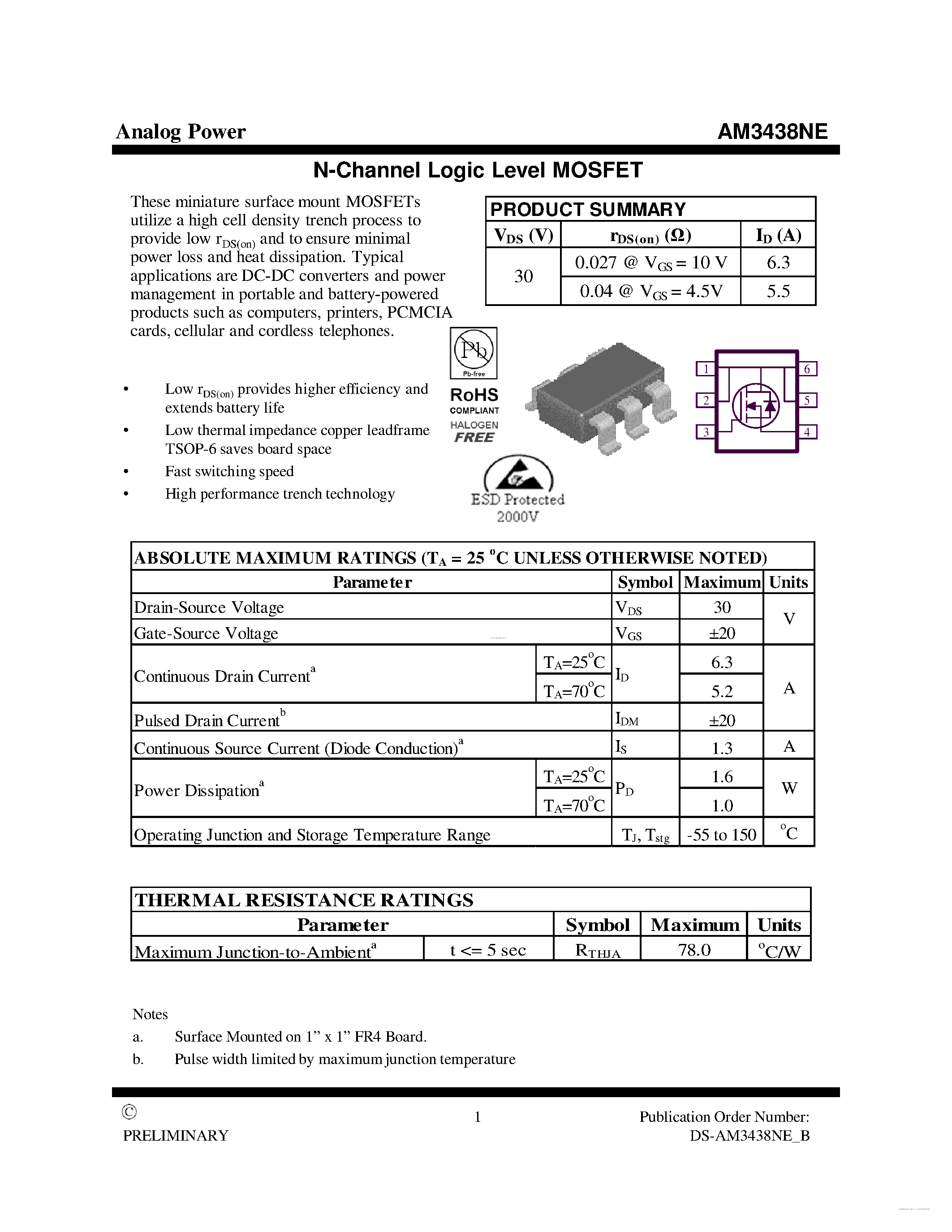 Datasheet AM3438NE - MOSFET page 1