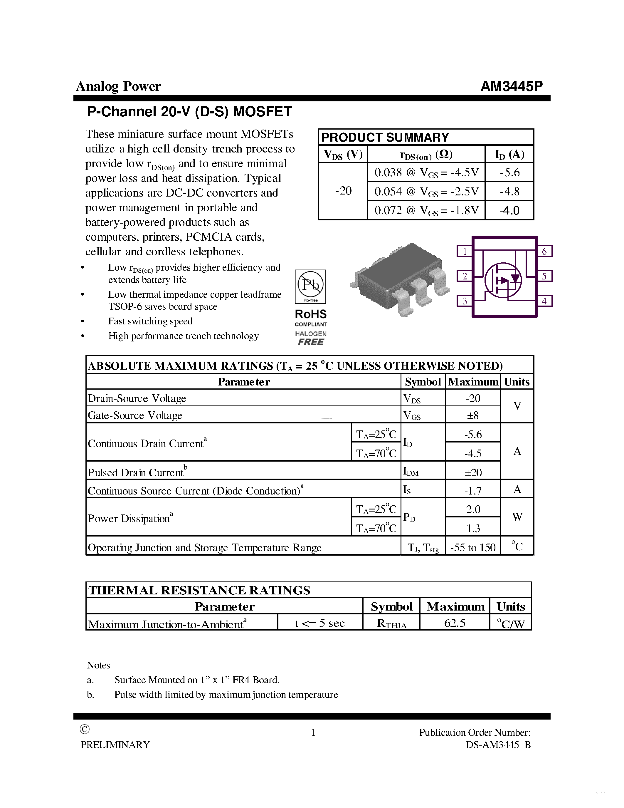 Datasheet AM3445P - MOSFET page 1