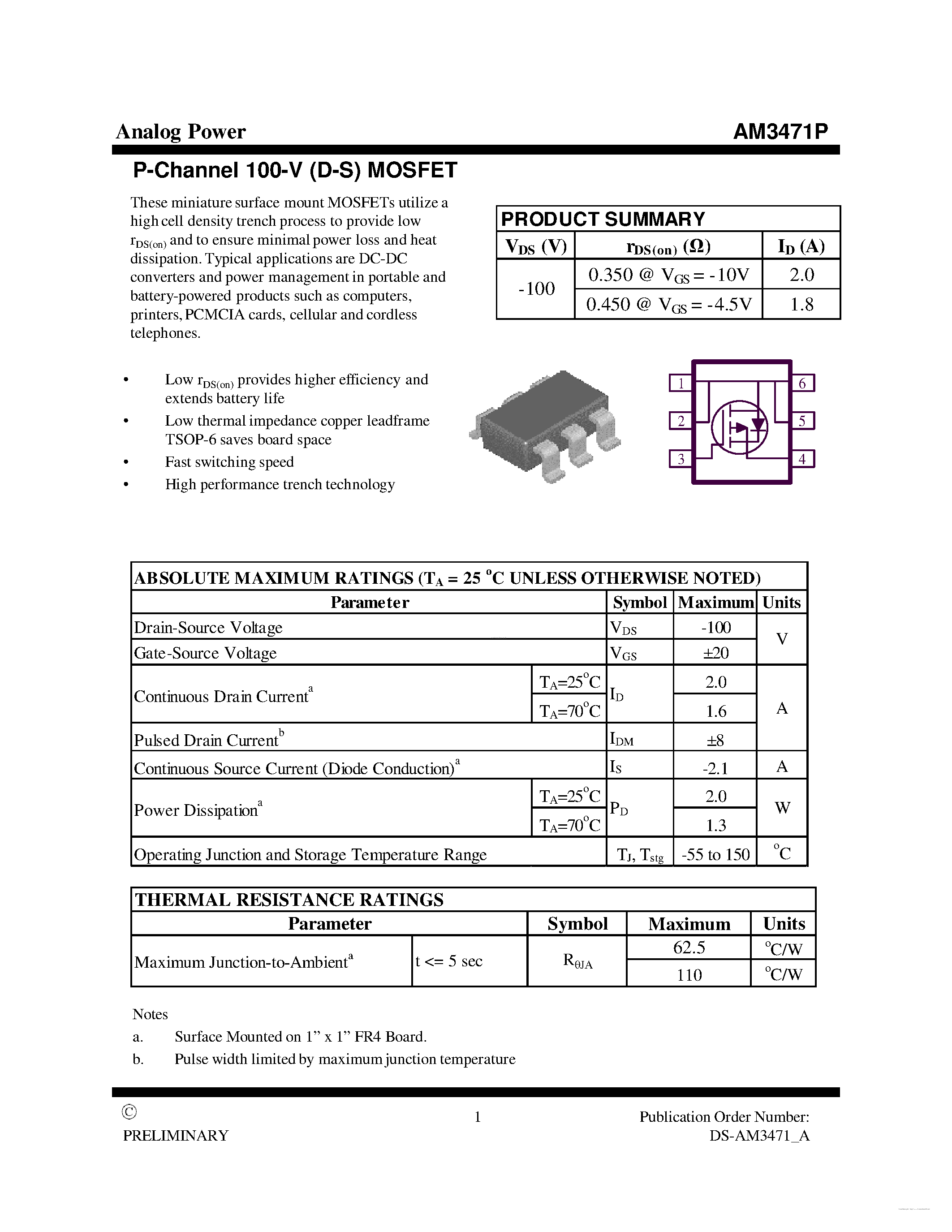 Datasheet AM3471P - MOSFET page 1