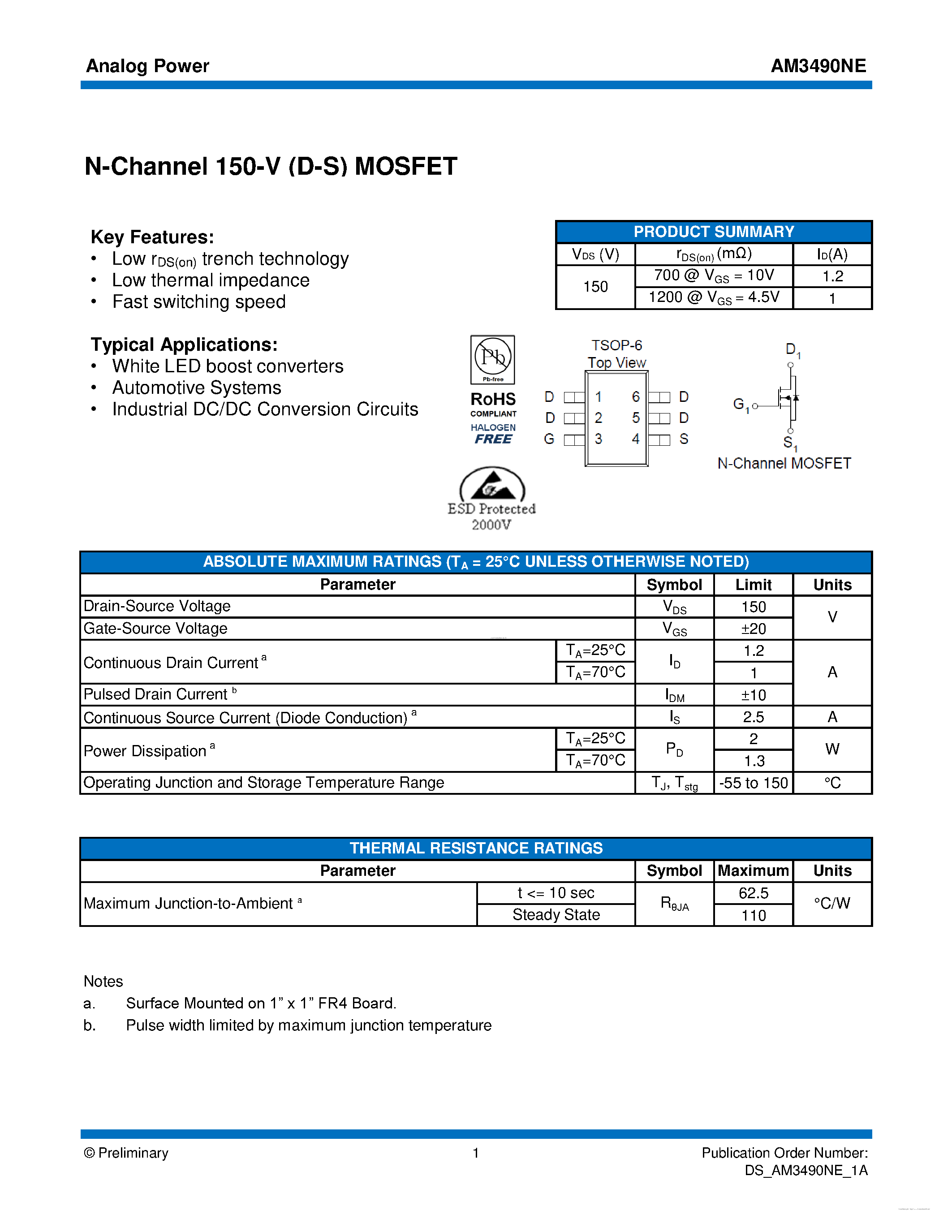 Datasheet AM3490NE - MOSFET page 1