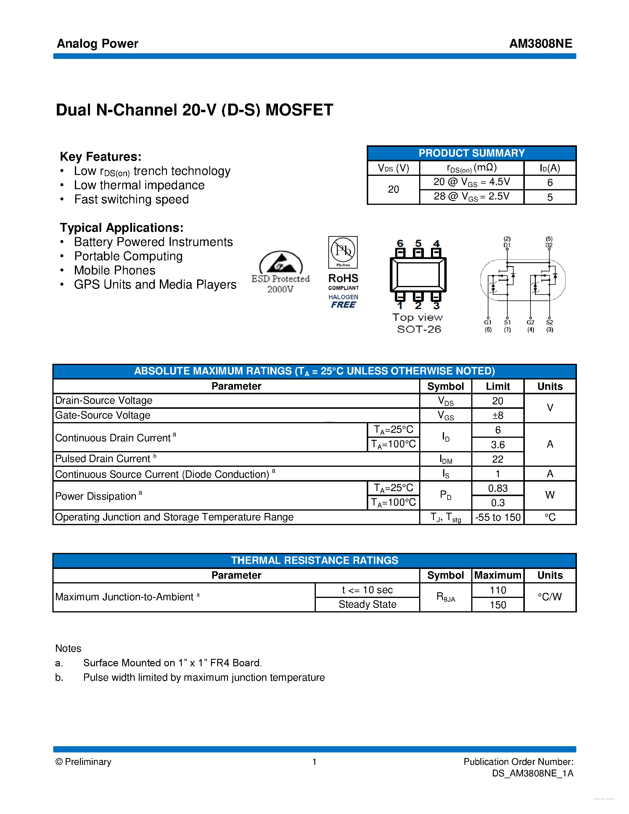 Datasheet AM3808NE - MOSFET page 1