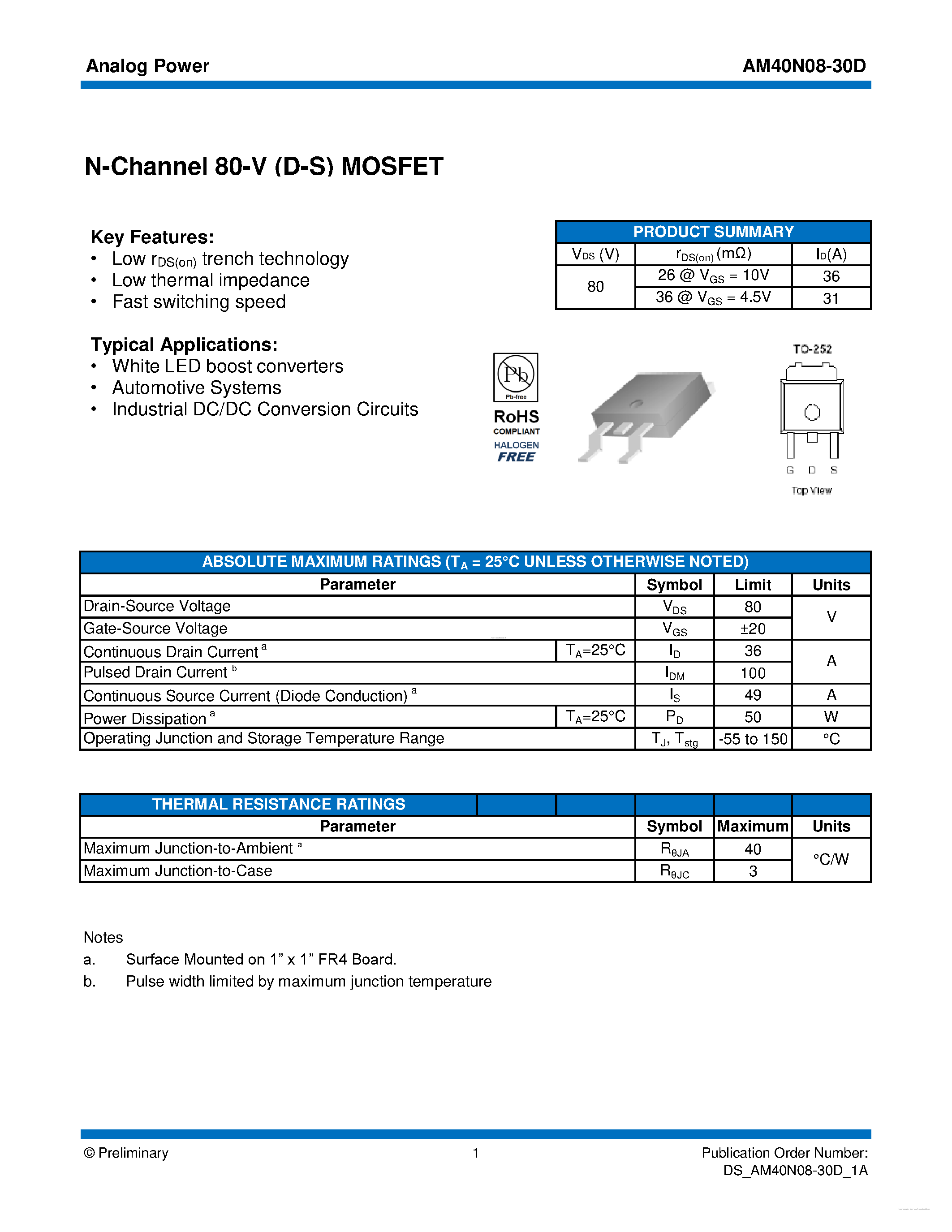 Даташит AM40N08-30D - MOSFET страница 1
