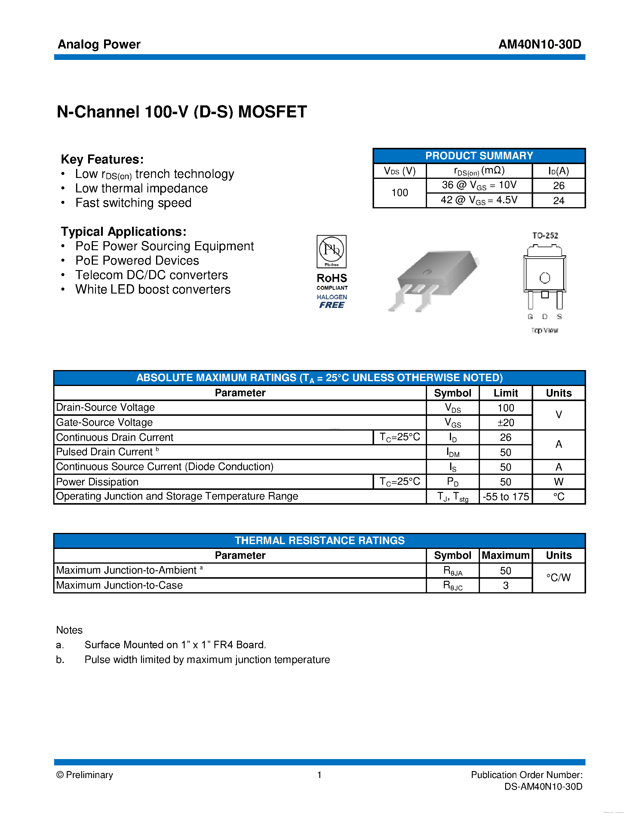 Даташит AM40N10-30D - MOSFET страница 1
