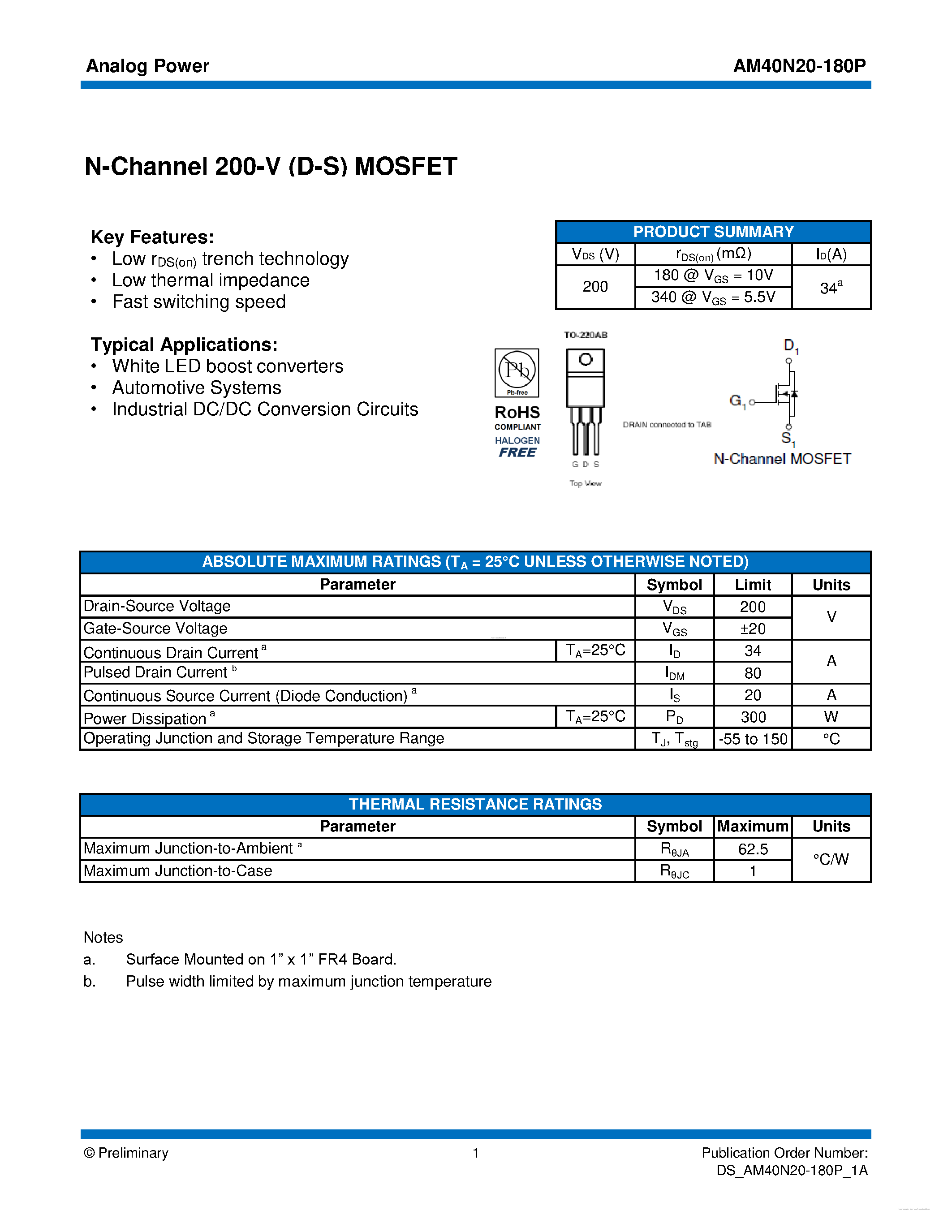 Datasheet AM40N20-180P - MOSFET page 1