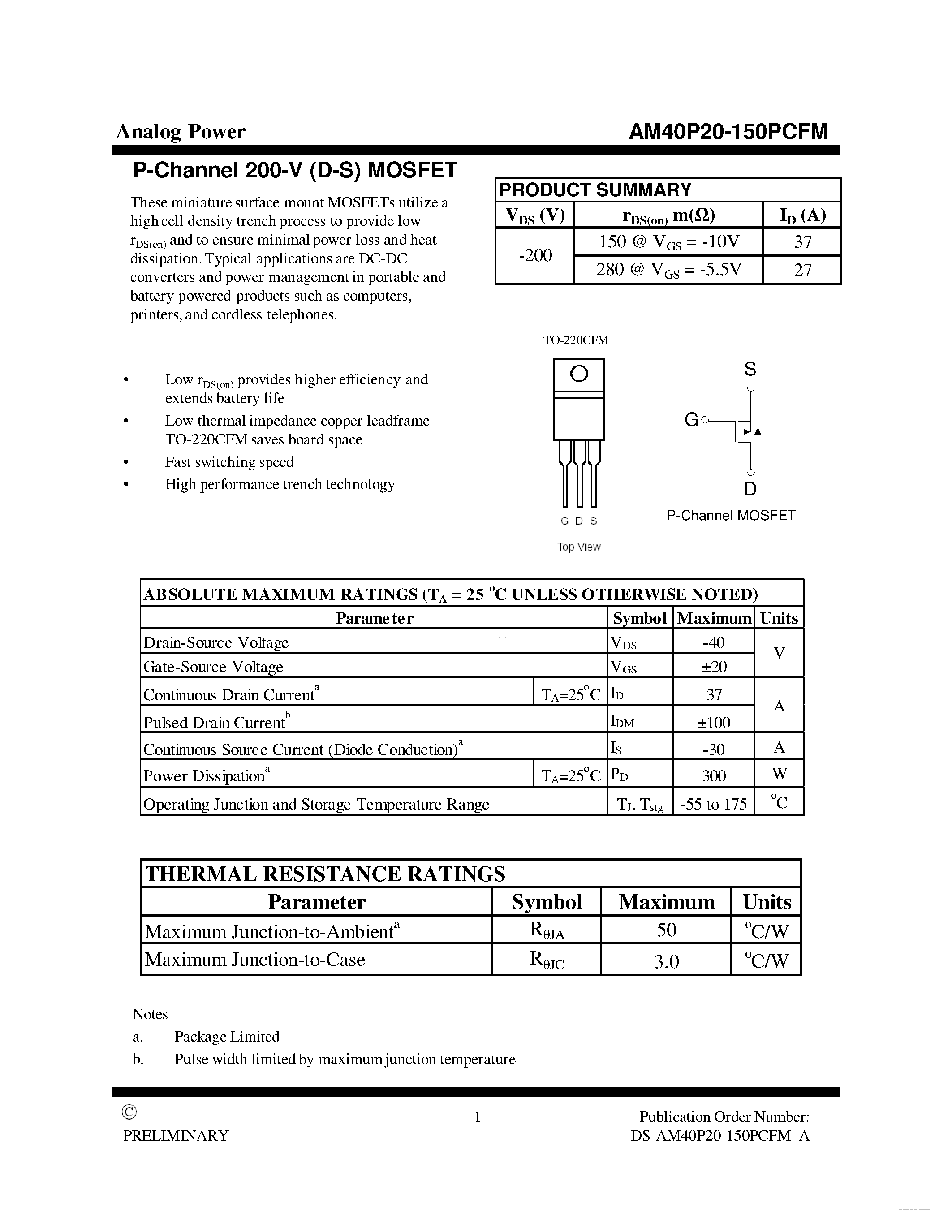 Datasheet AM40P20-150PCFM - MOSFET page 1