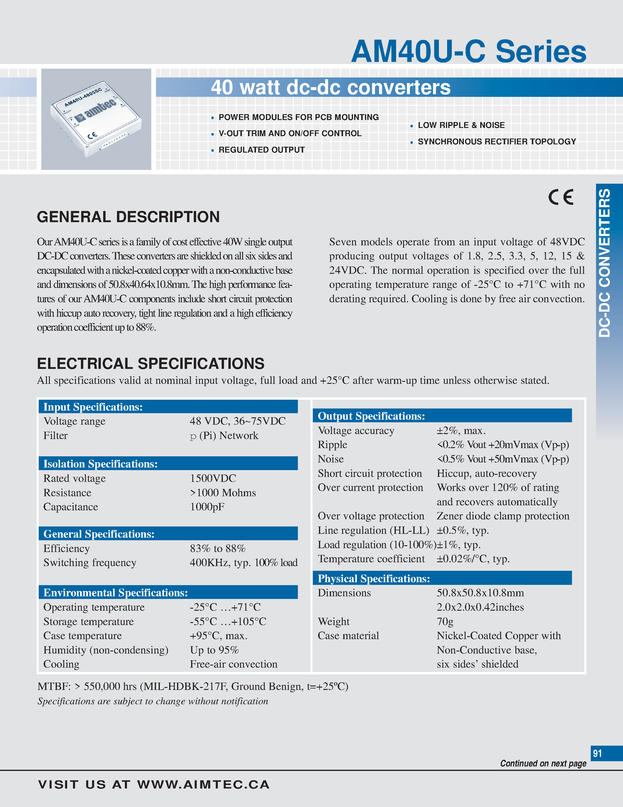Datasheet AM40U-4801SC - 40 watt dc-dc converters page 1