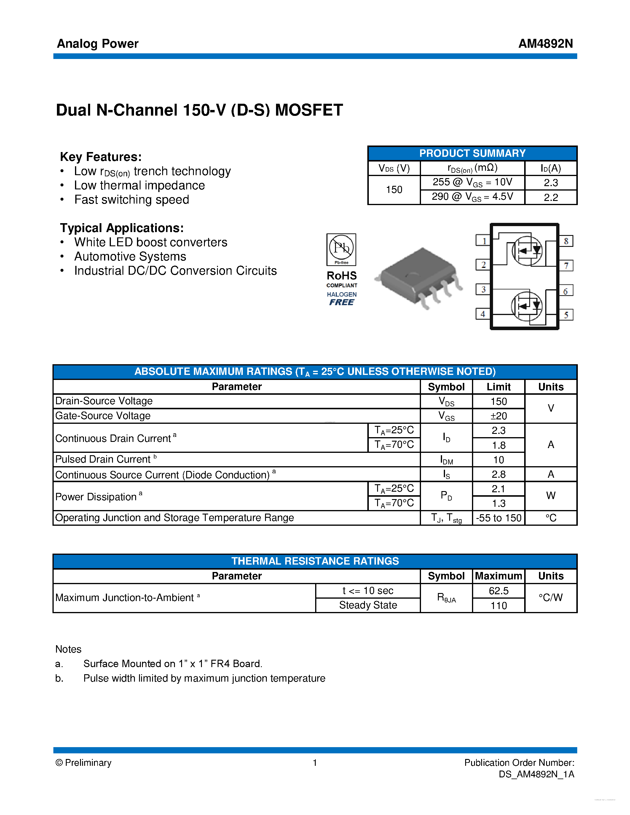 Даташит AM4892N - MOSFET страница 1