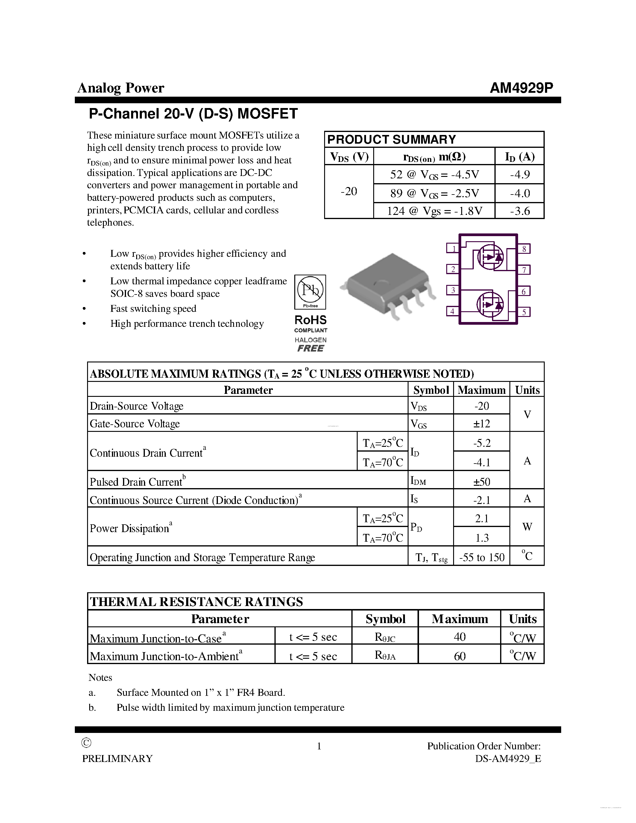 Datasheet AM4929P - MOSFET page 1