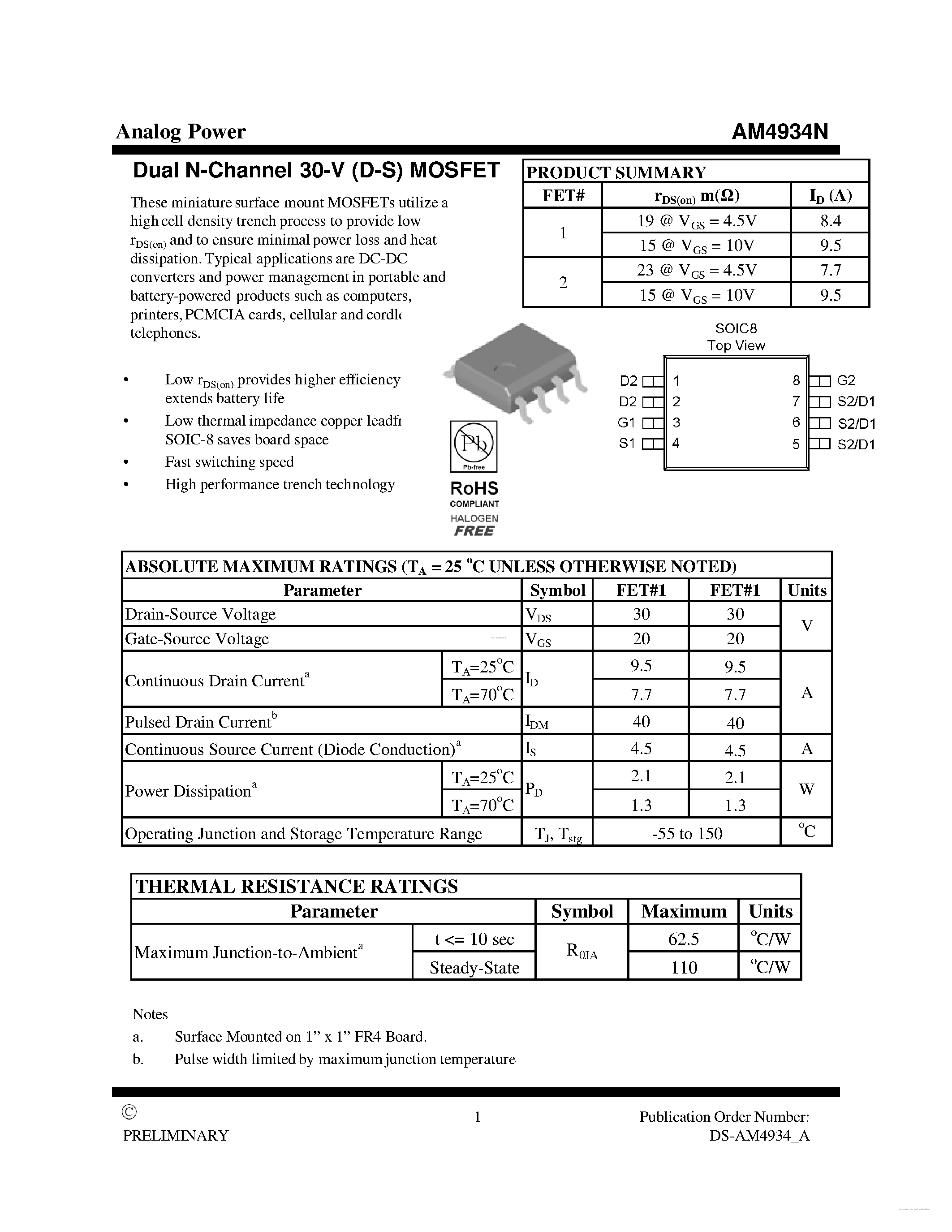 Datasheet AM4934N - MOSFET page 1