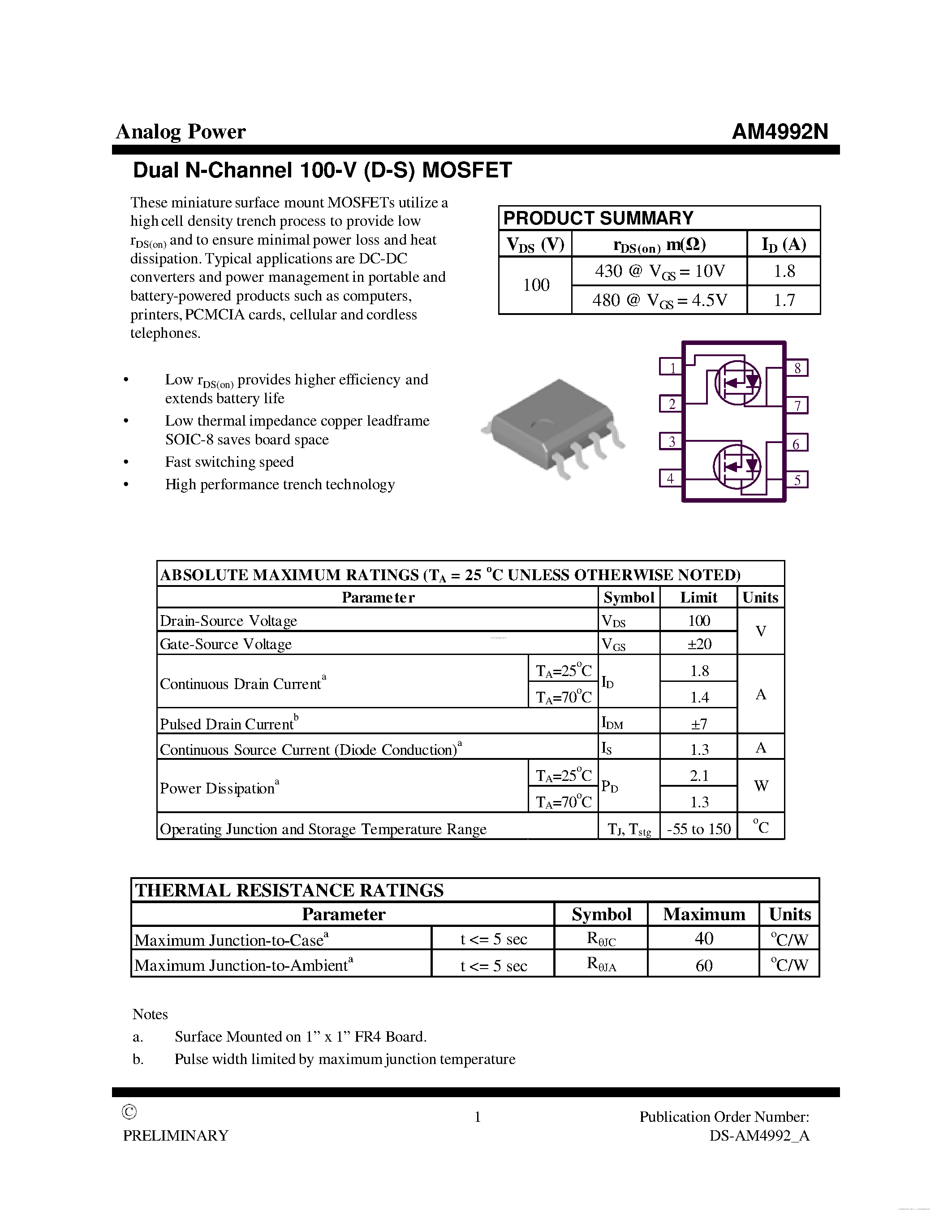 Datasheet AM4992N - MOSFET page 1