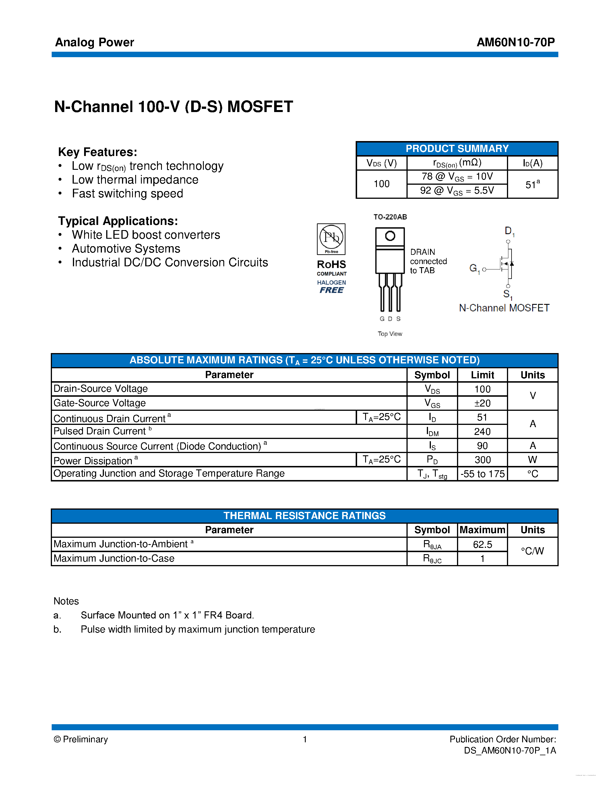 Datasheet AM60N10-70P - MOSFET page 1