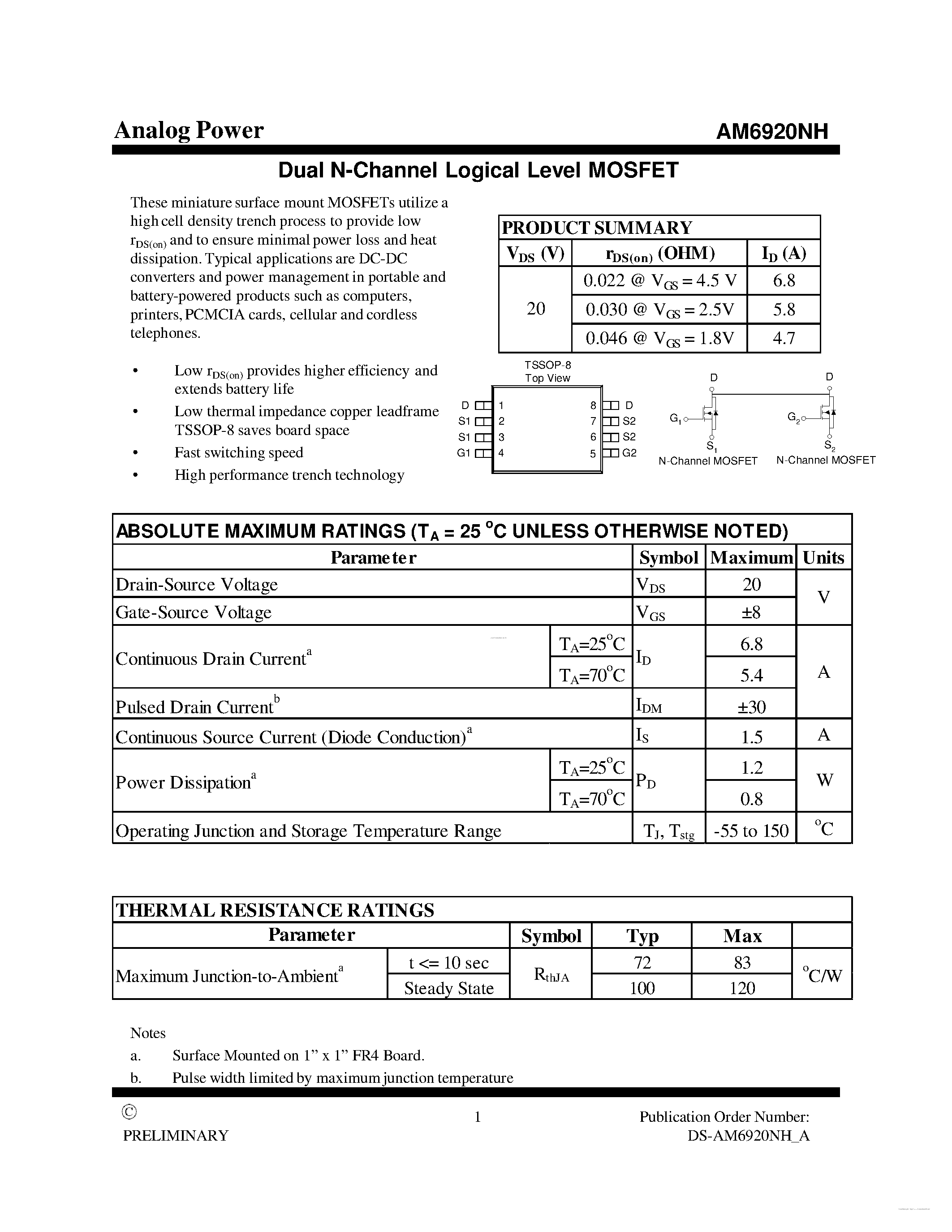 Datasheet AM6920NH - MOSFET page 1