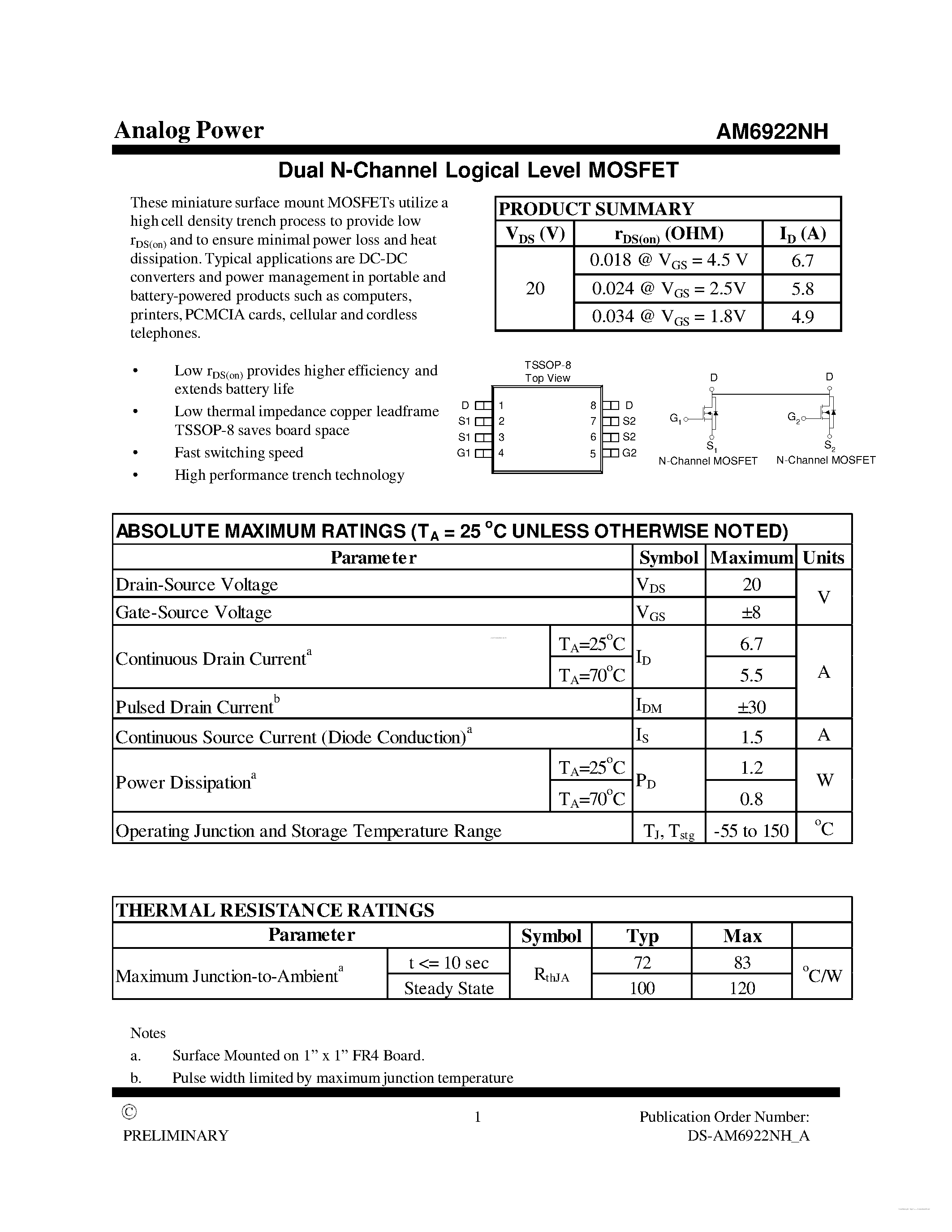 Datasheet AM6922NH - MOSFET page 1