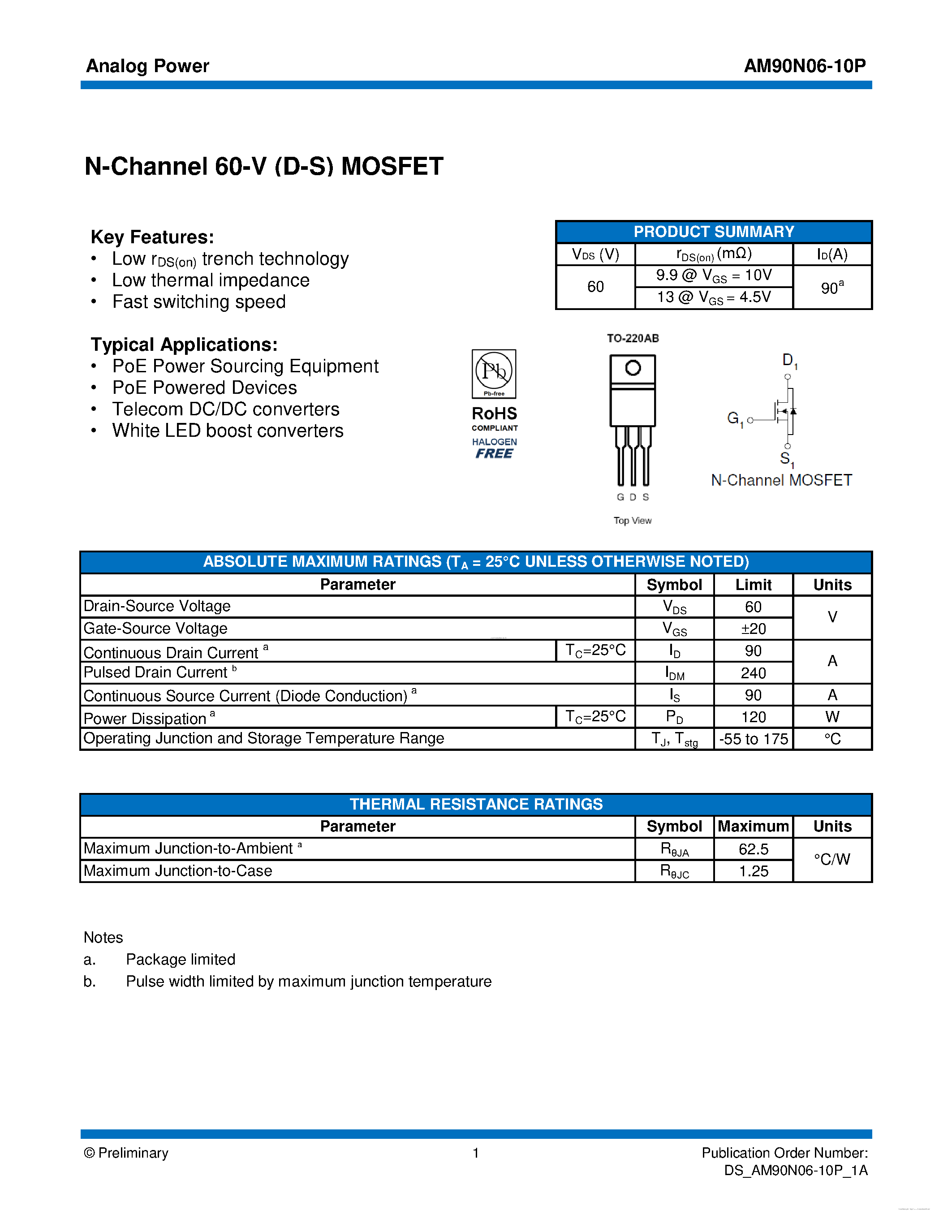 Datasheet AM90N06-10P - MOSFET page 1