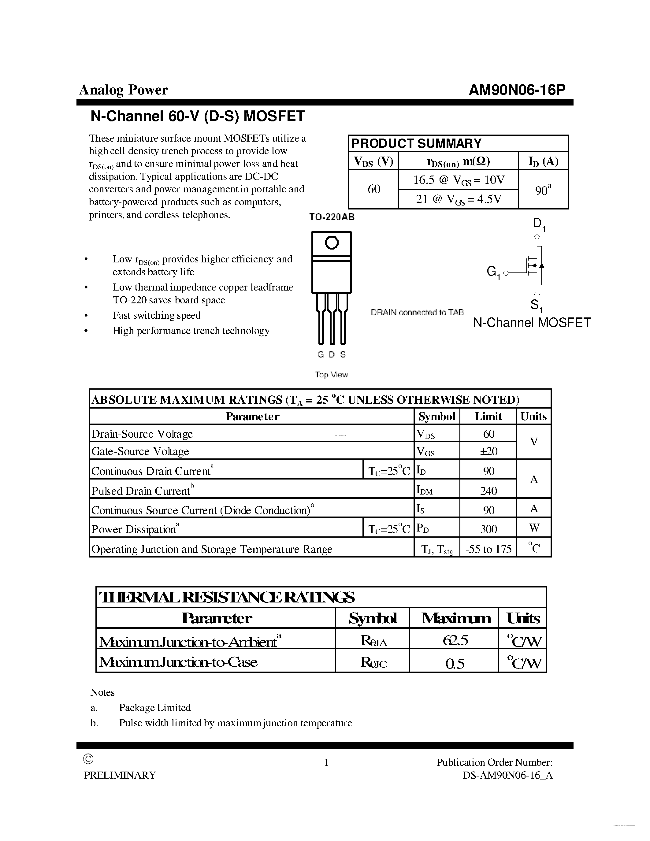 Datasheet AM90N06-16P - MOSFET page 1
