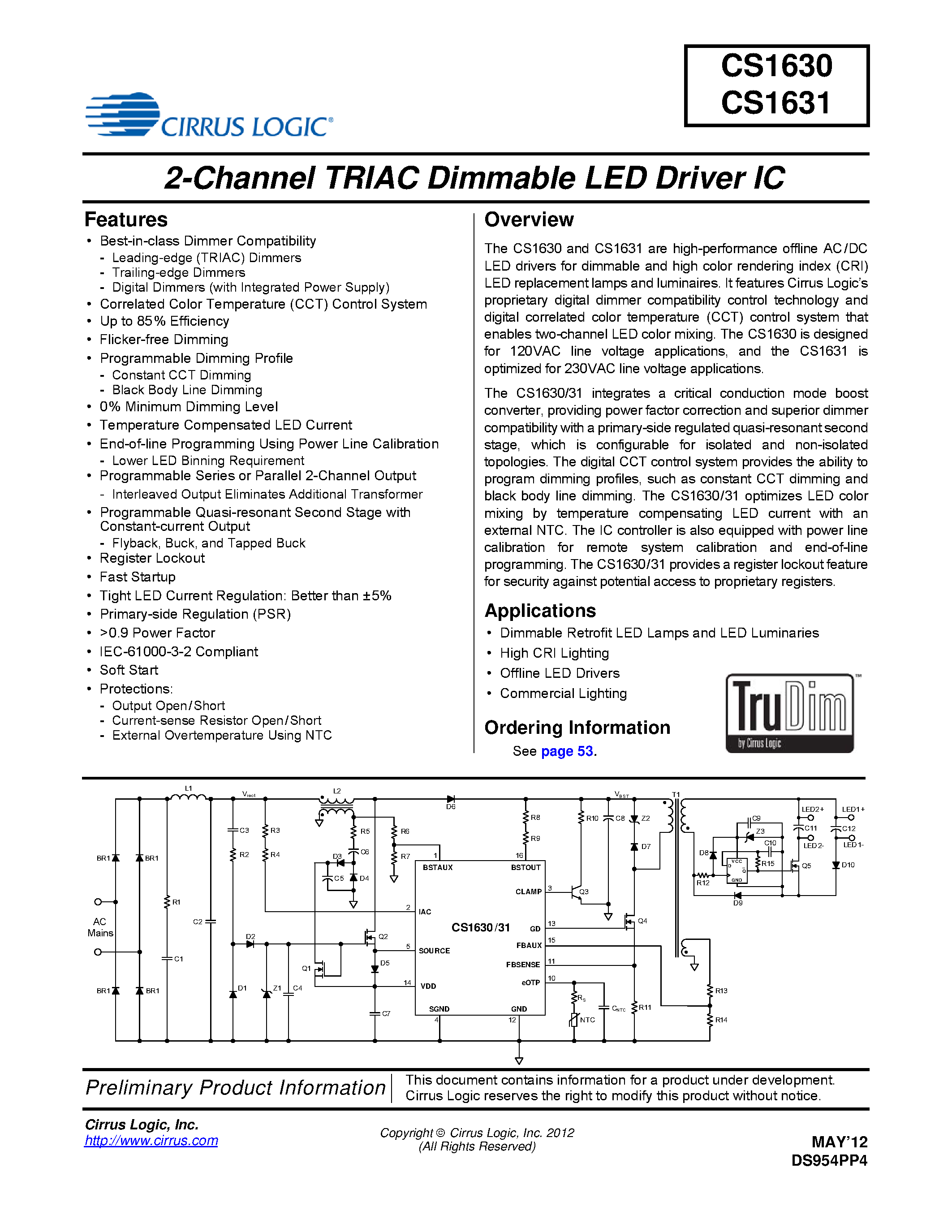 Datasheet CS1630 - (CS1630 / CS1631) 2-Channel TRIAC Dimmable LED Driver IC page 1