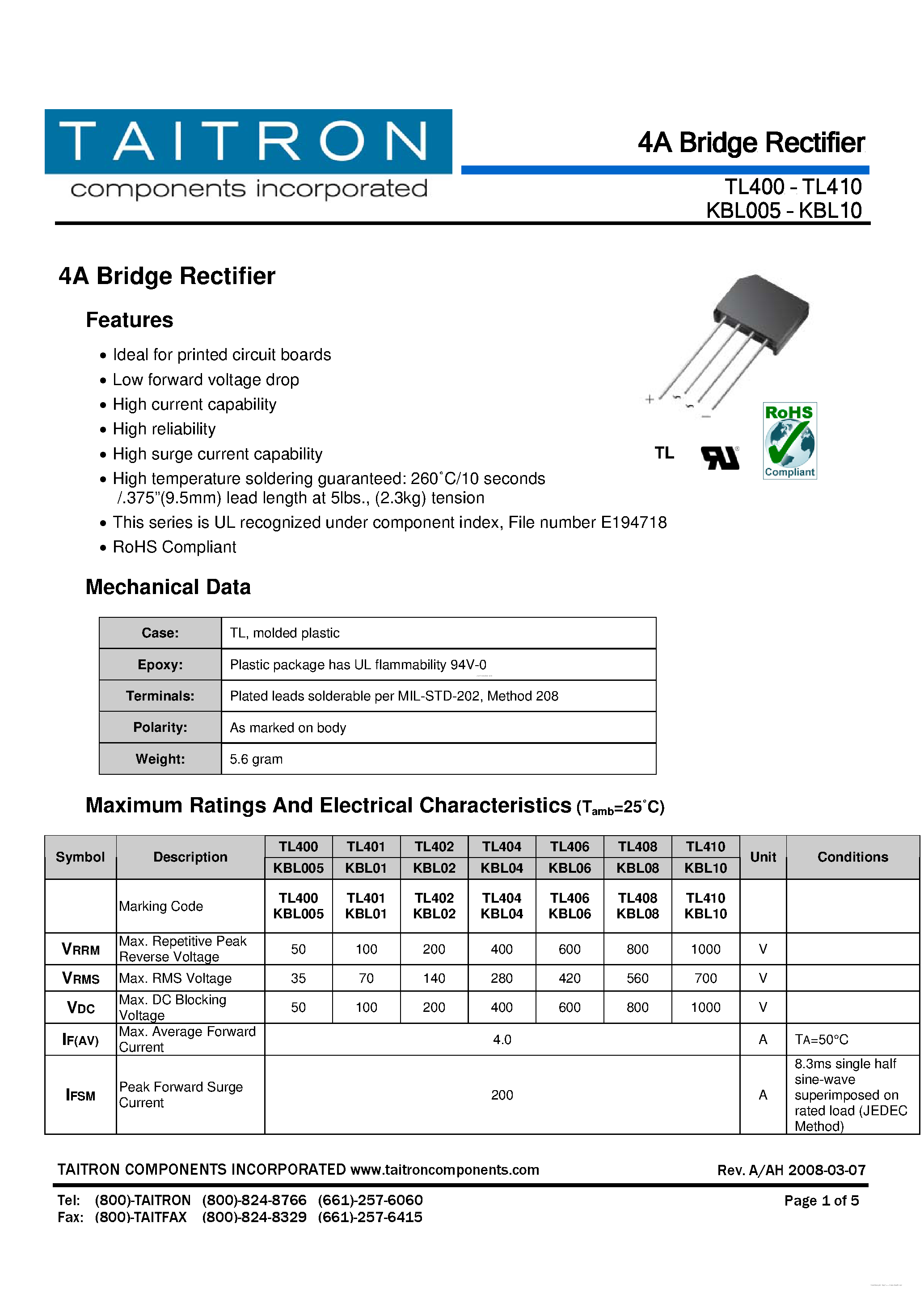 Datasheet TL400 - (TL400 - TL410) 4A Bridge Rectifier page 1
