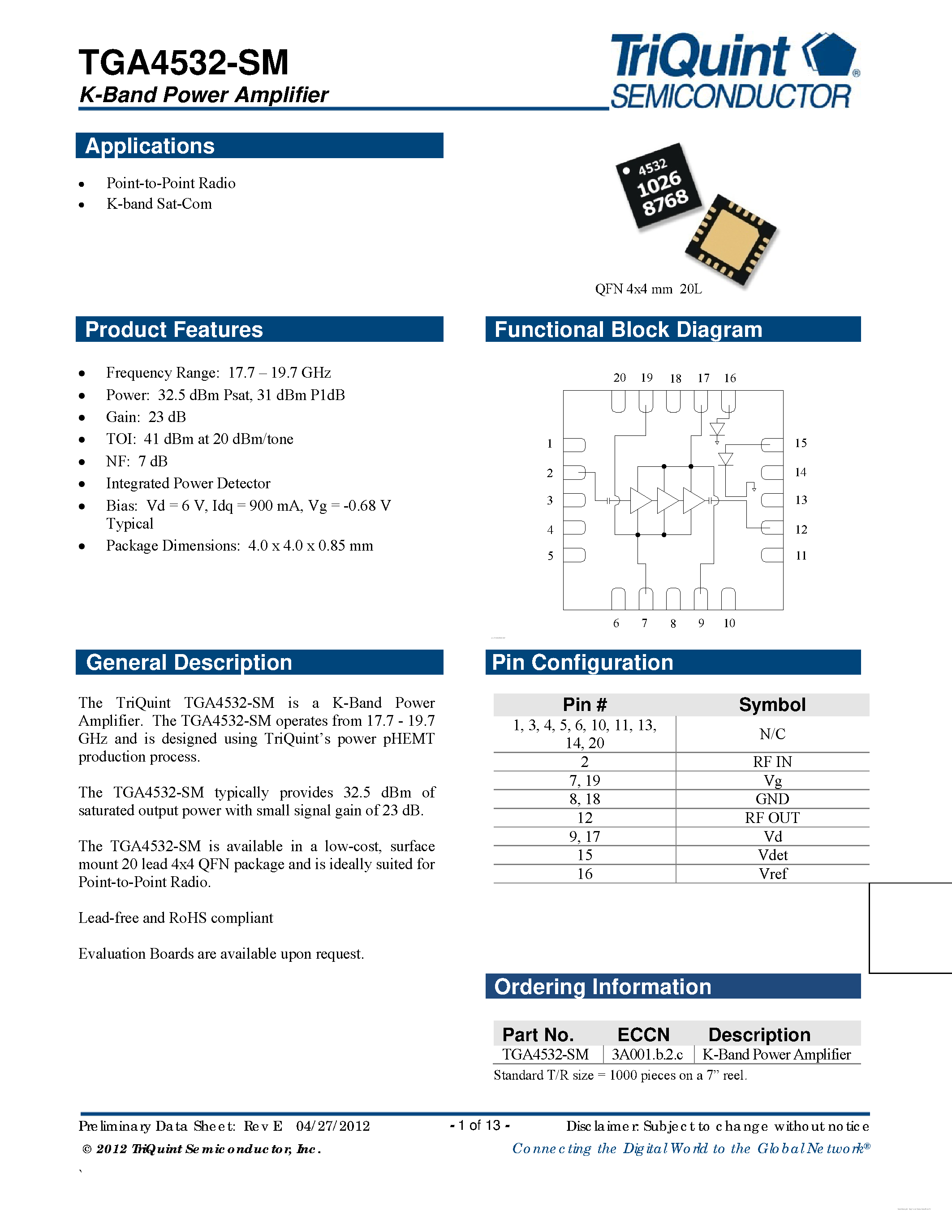 Datasheet TGA4532-SM - K-Band Power Amplifier page 1