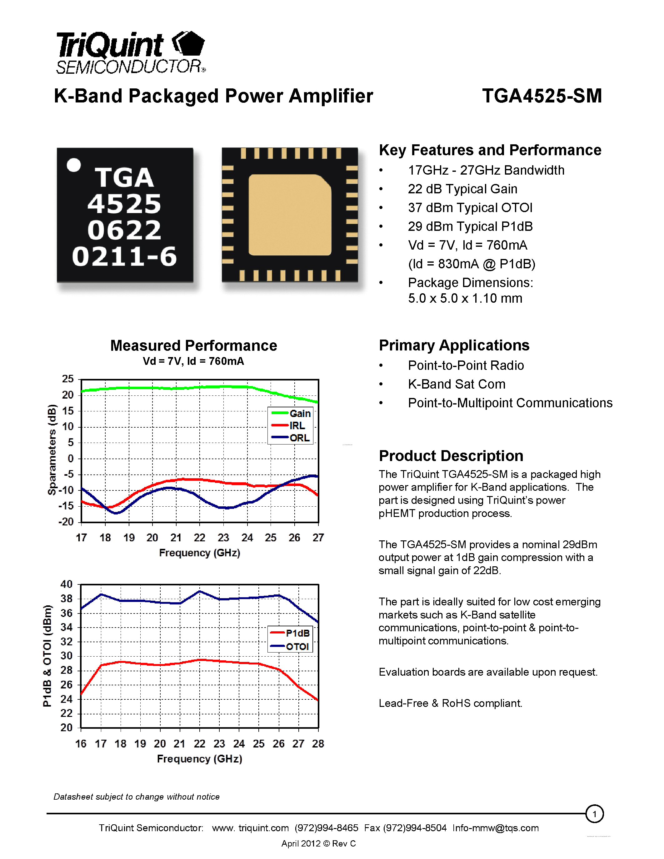 Datasheet TGA4525-SM - K Band Packaged Power Amplifier page 1