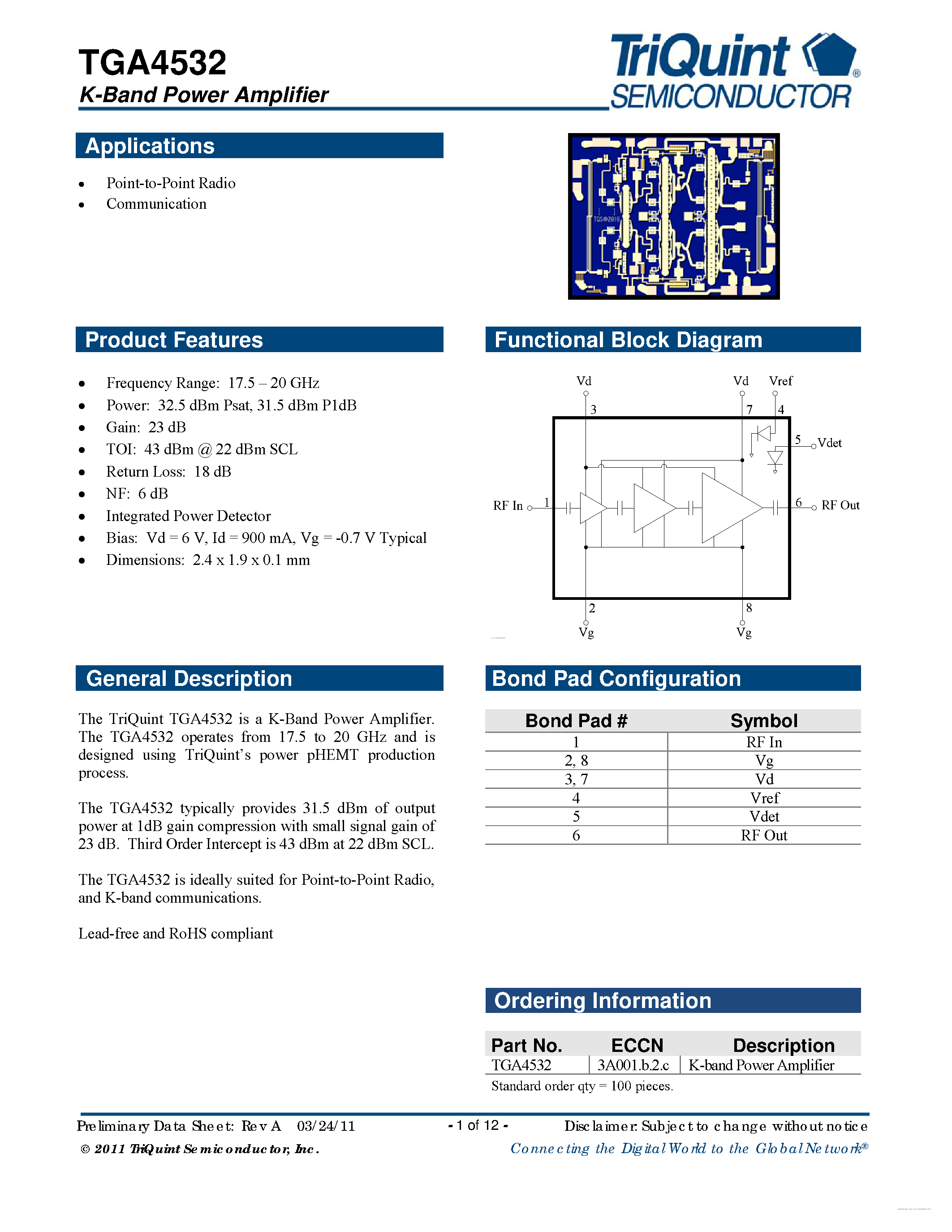 Datasheet TGA4532 - K Band Power Amplifier page 1