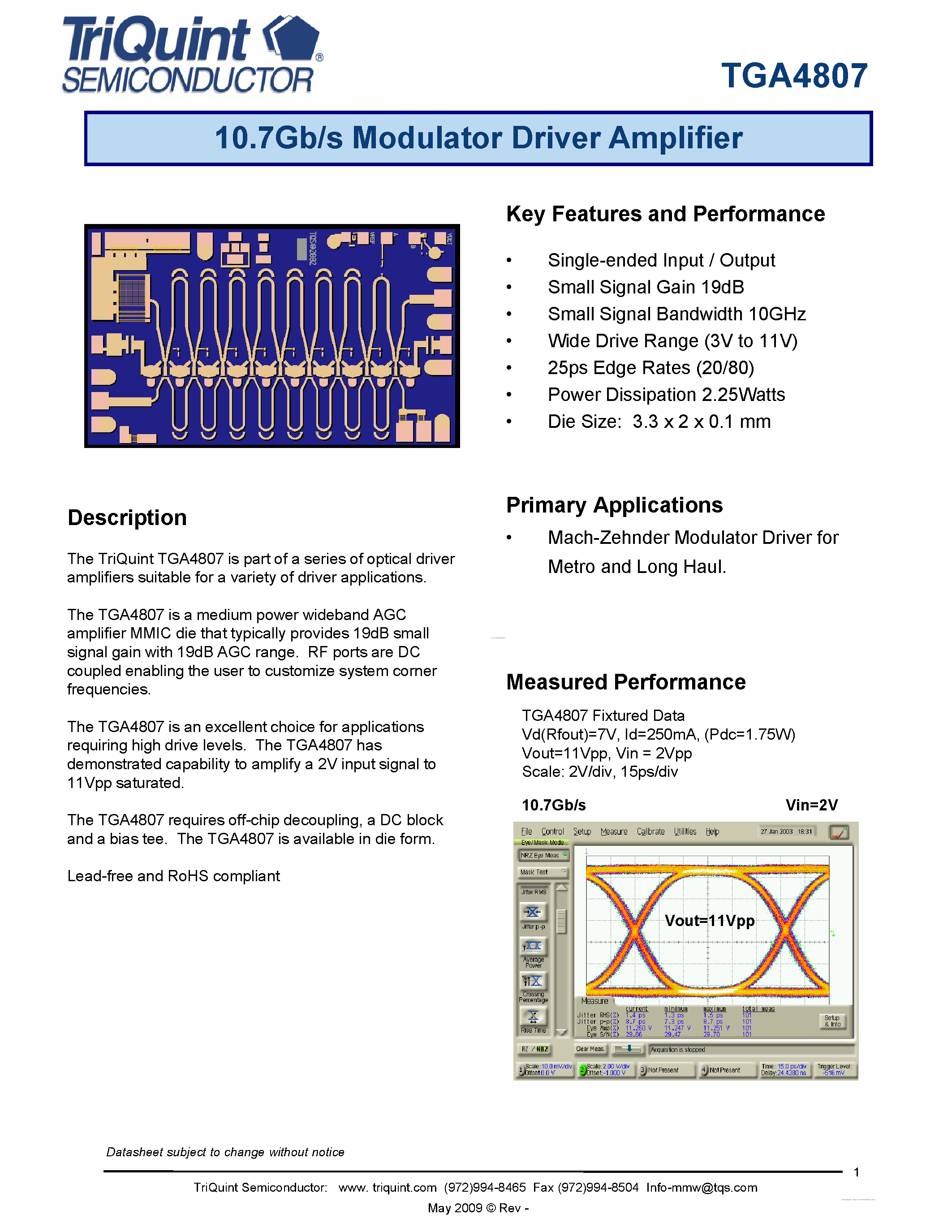 Даташит TGA4807 - 10.7 Gb/s Modulator Driver Amplifier страница 1