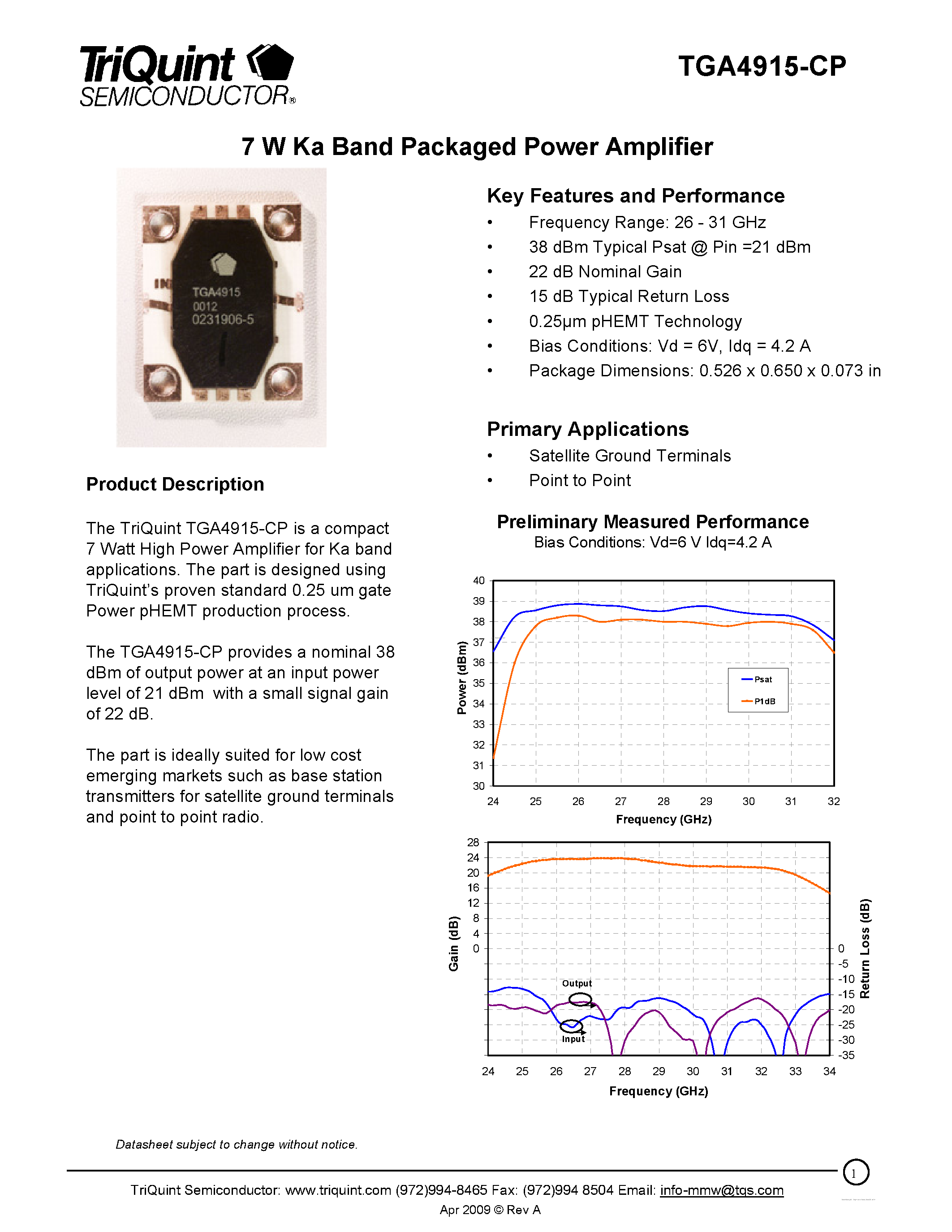 Даташит TGA4915-CP - 7 Watt Ka Band Packaged Amplifier страница 1