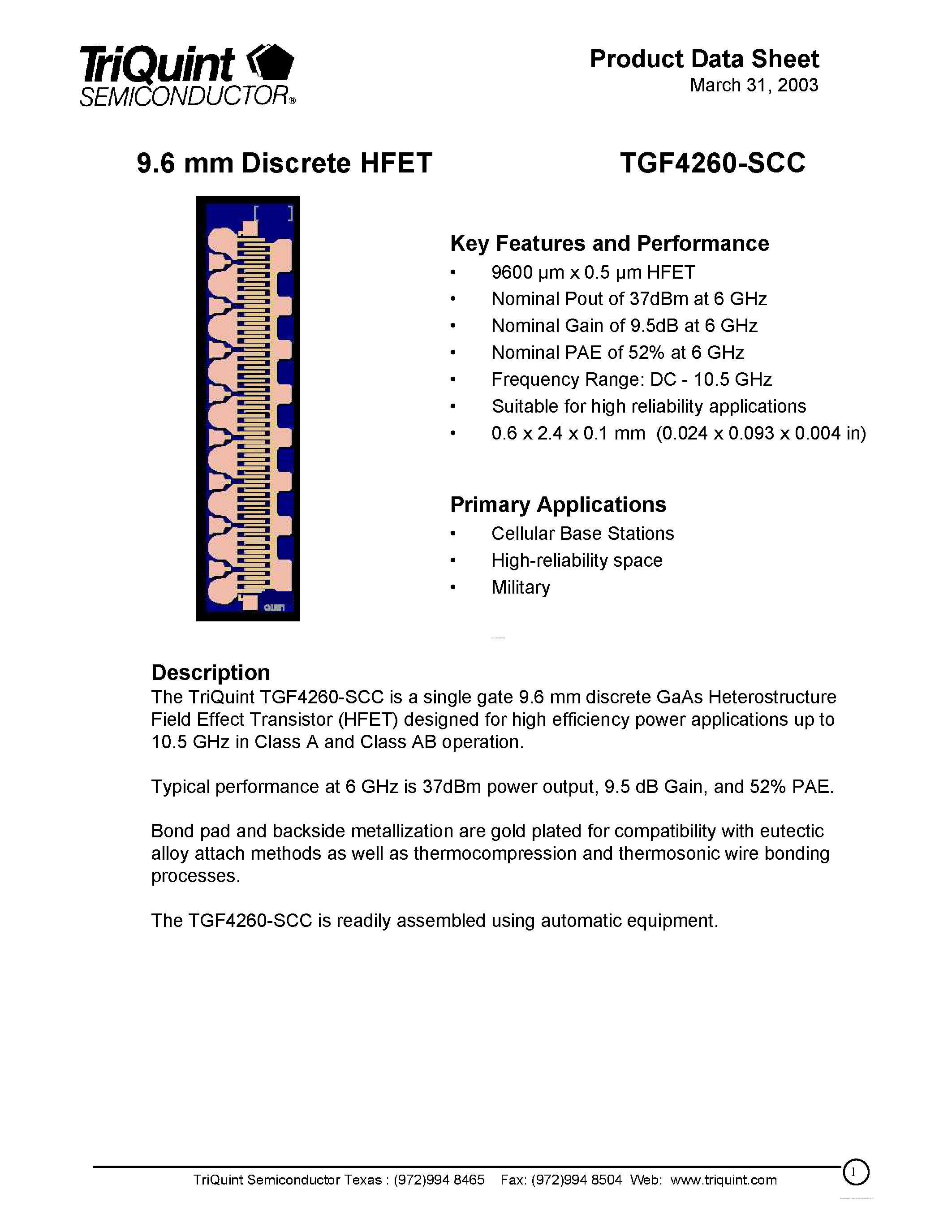 Datasheet TGF4260-SCC - 9.6 mm HFET page 1