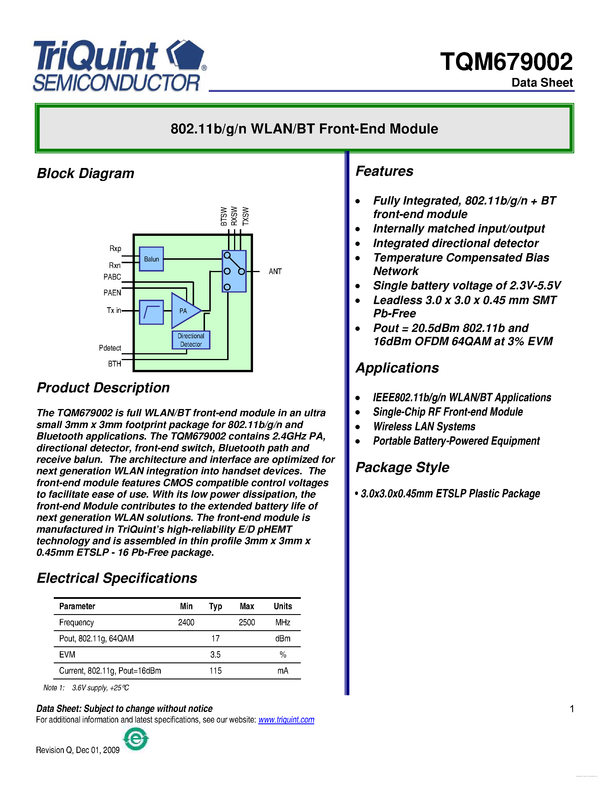 Даташит TQM679002 - 802.11b/g/n WLAN/BT Front-End Module страница 1