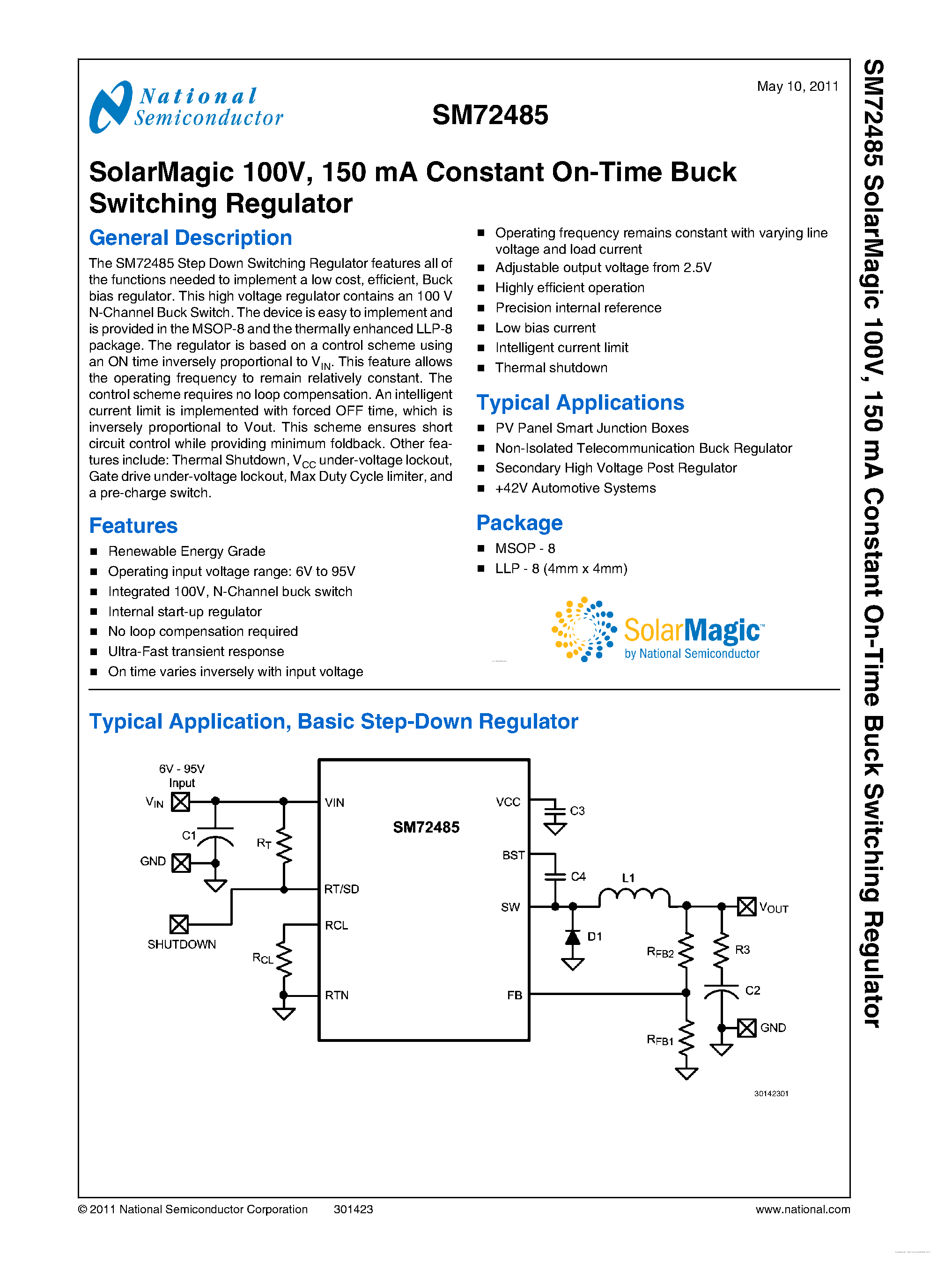 Даташит SM72485 - 150 mA Constant On-Time Buck Switching Regulator страница 1