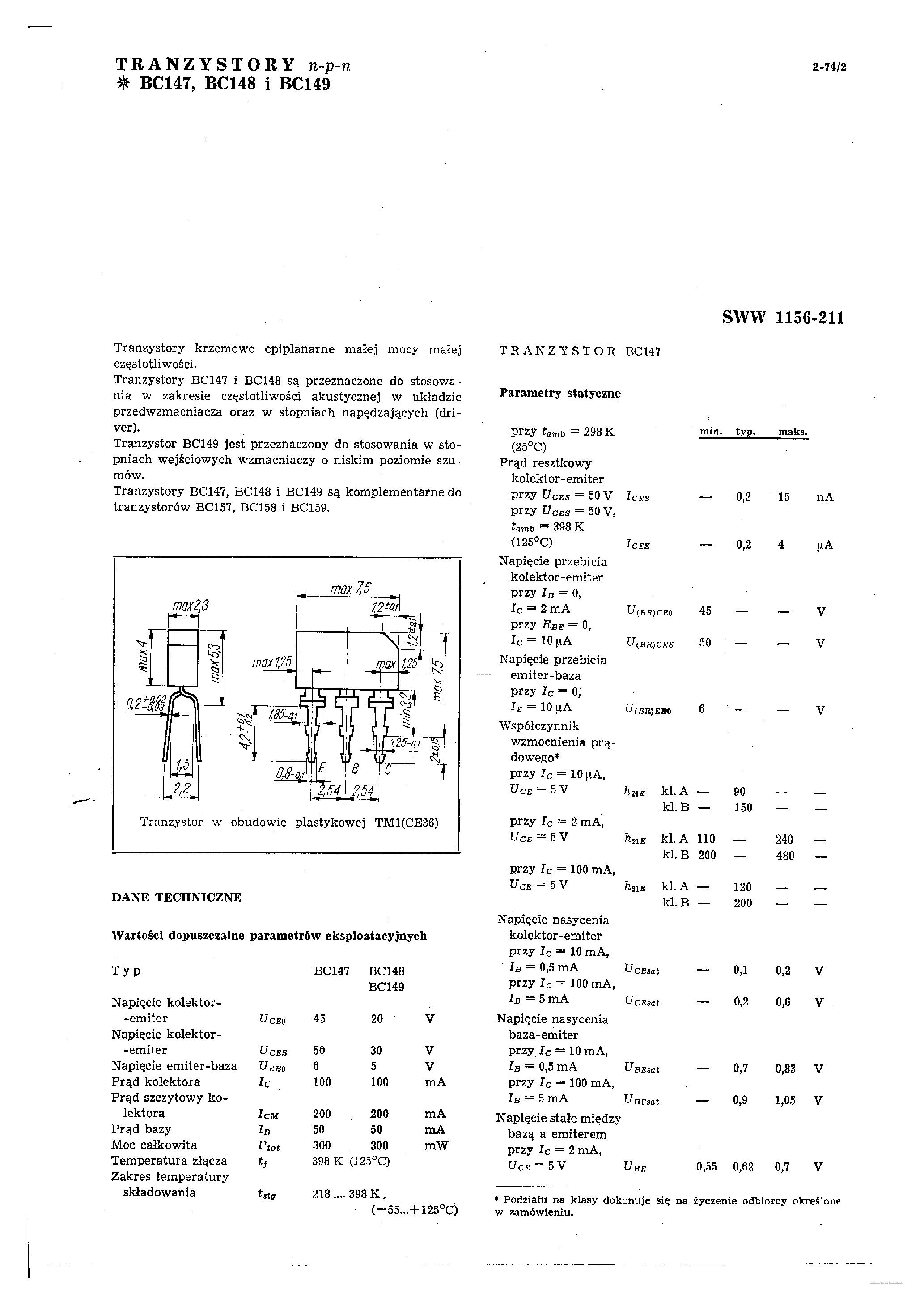 Datasheet BC147 - (BC147 - BC149) TRANZYSTORY page 1