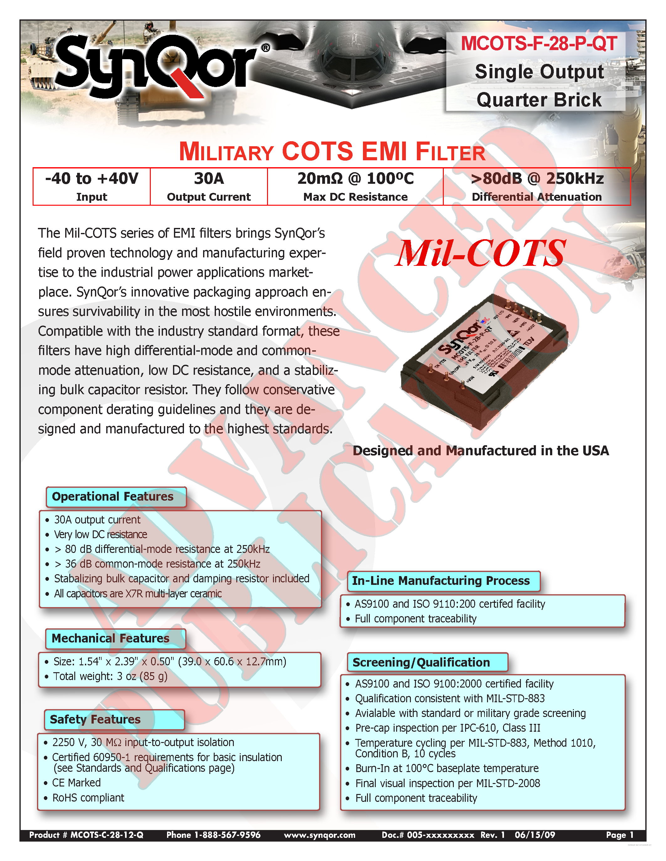 Даташит MCOTS-F-28-P-QT - MILITARY COTS DC/DC CONVERTER страница 1
