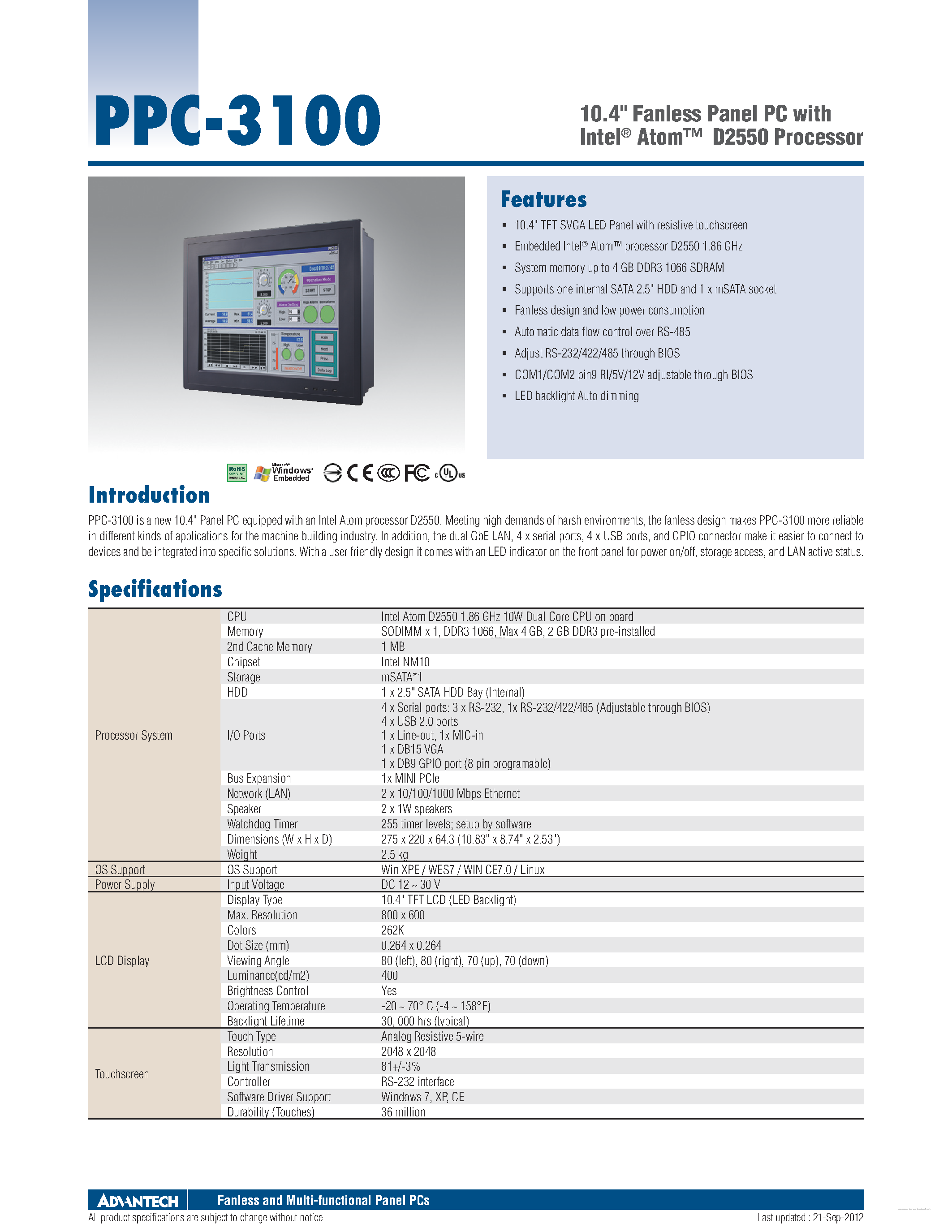 Datasheet PPC-3100 - 10.4 Fanless Panel PC page 1