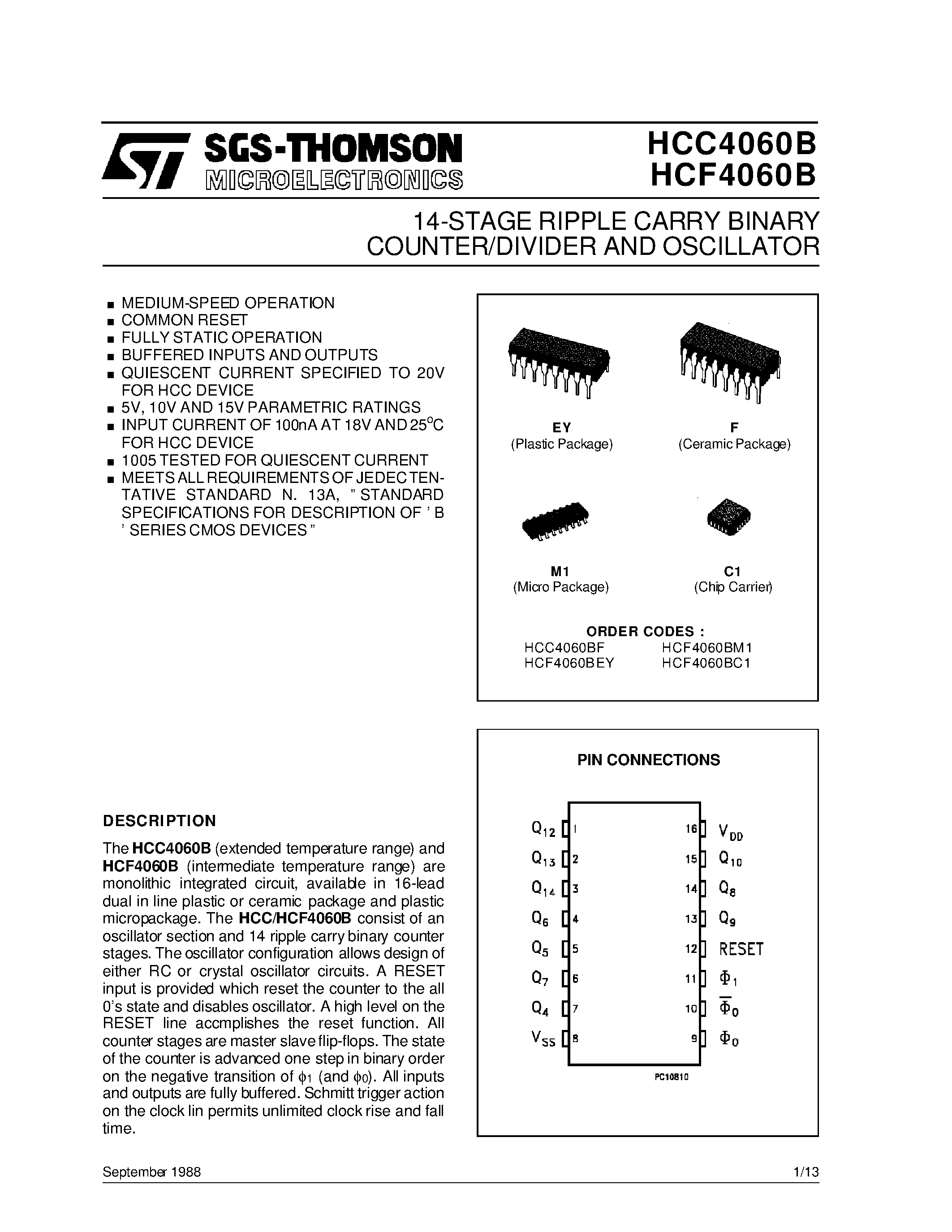 Datasheet HCF4060BEY - COUNTER/DIVIDER AND OSCILLATOR 14-STAGE RIPPLE CARRY BINARY page 1